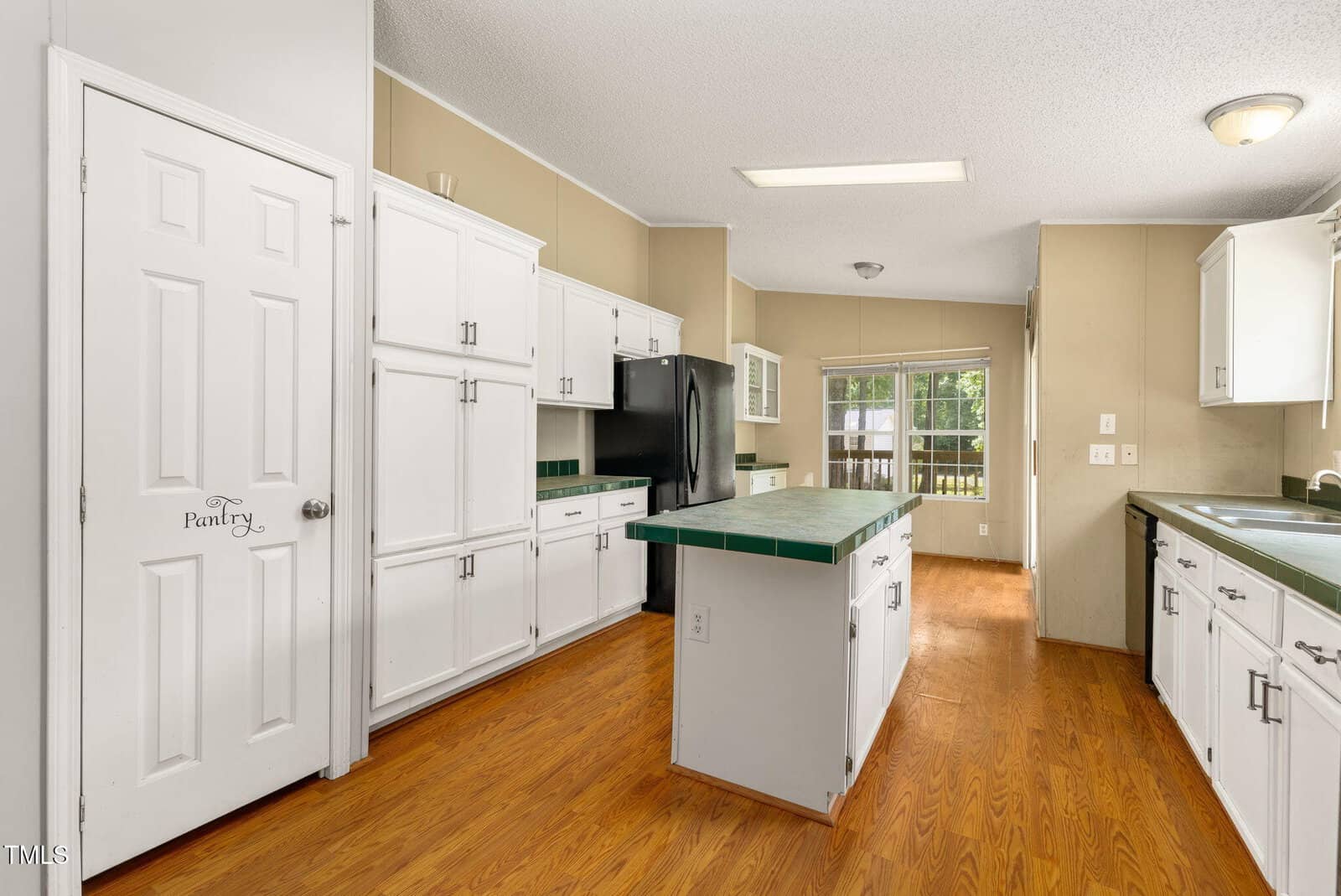 A spacious kitchen with white cabinets, green countertops, a black refrigerator, a pantry door, wood flooring, and a windowed door leading to an outdoor area. Ceiling lights provide additional illumination.