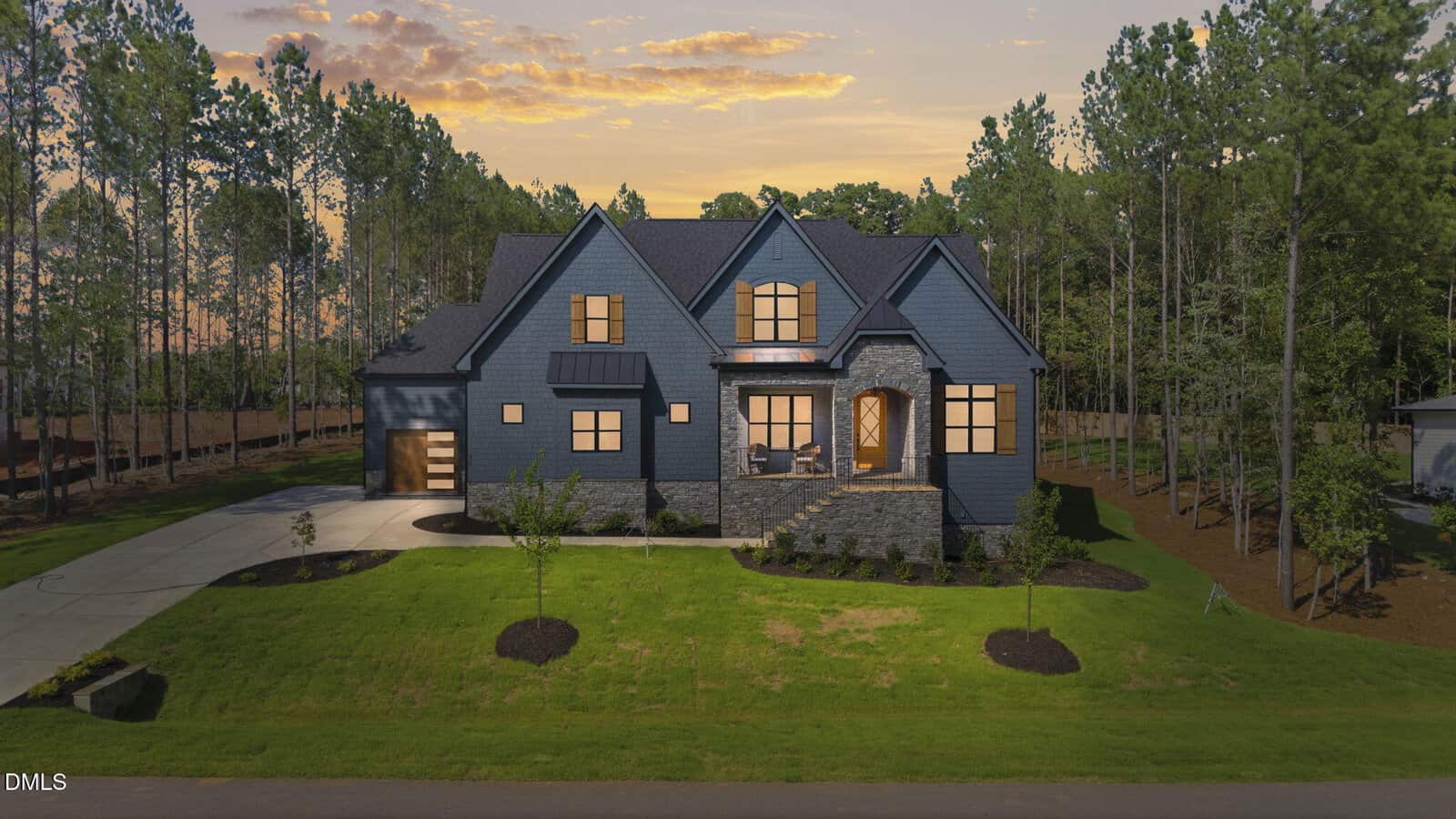 A two-story modern gray house with large windows, a stone entryway, and a front porch, surrounded by green lawn and tall trees at sunset, located at 30 Cherry Bark Drive in the tranquil community of Youngsville.