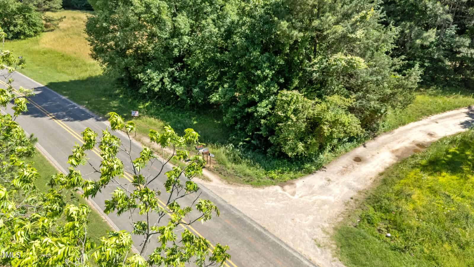A paved road runs alongside a dirt driveway that curves into a wooded area. Trees and greenery line the roadside and driveway, with sunlight filtering through the leaves.