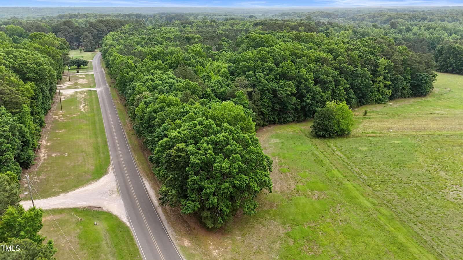 A paved two-lane road curves through a rural area bordered by dense green trees and open grassy fields under a cloudy sky. Electrical poles line one side of the road, and forest extends into the distance.