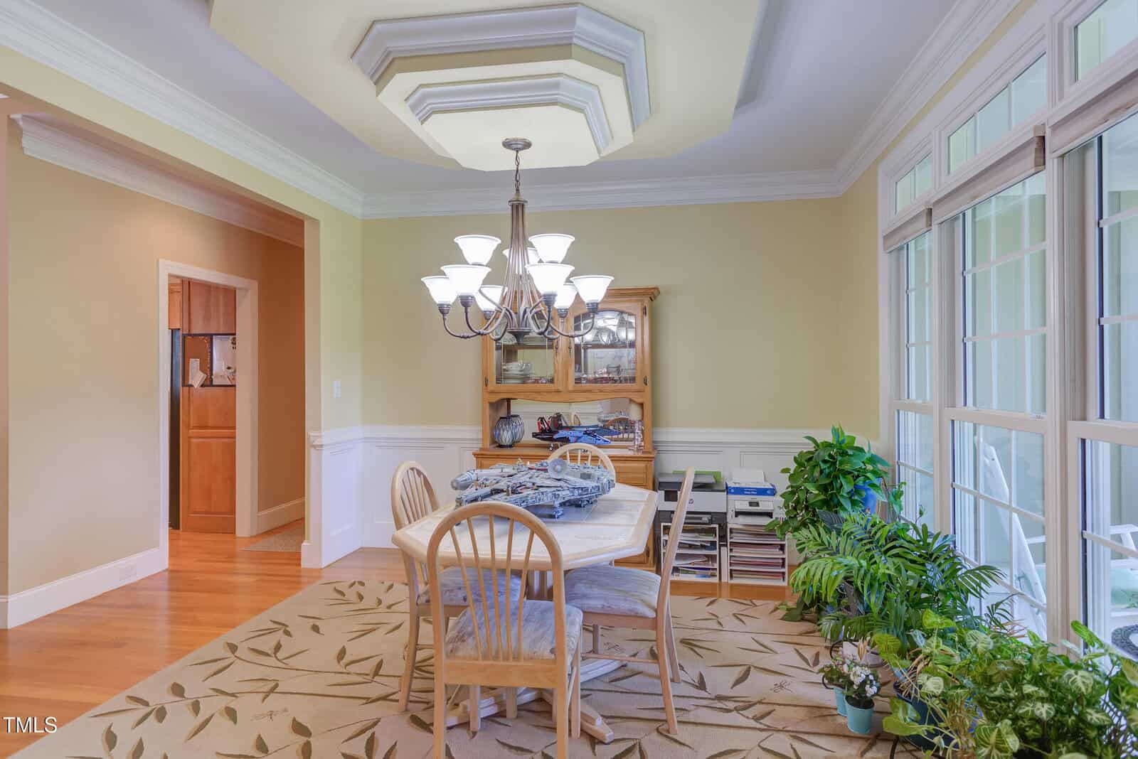 A dining room with a round table and four wooden chairs under a chandelier. Large windows line one wall, several potted plants sit on the floor, and a cabinet and shelves are against the far wall.