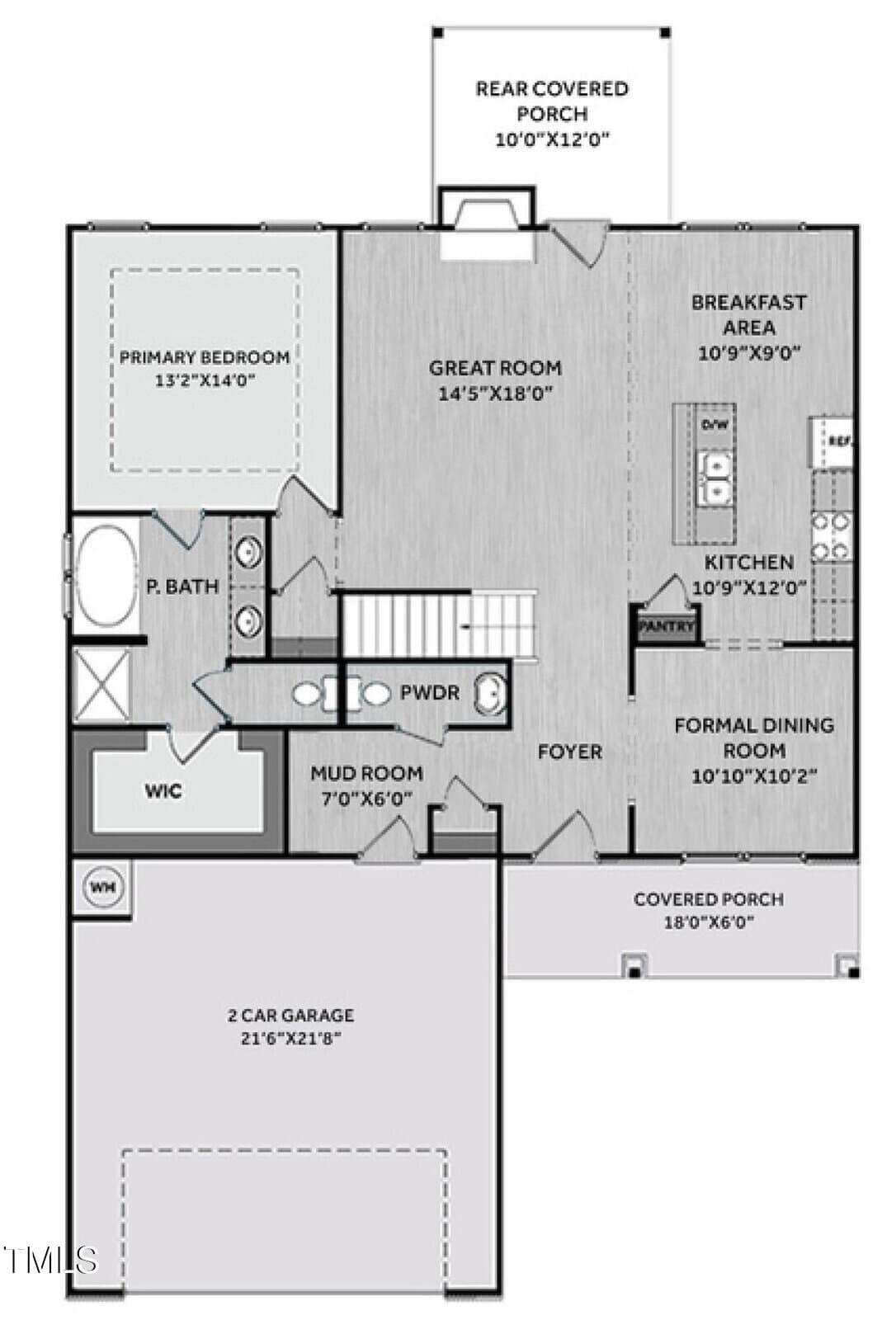 First floor house plan with 2-car garage, mud room, primary bedroom with bath and walk-in closet, great room, kitchen with pantry, breakfast area, formal dining room, foyer, powder room, and rear and front covered porches.