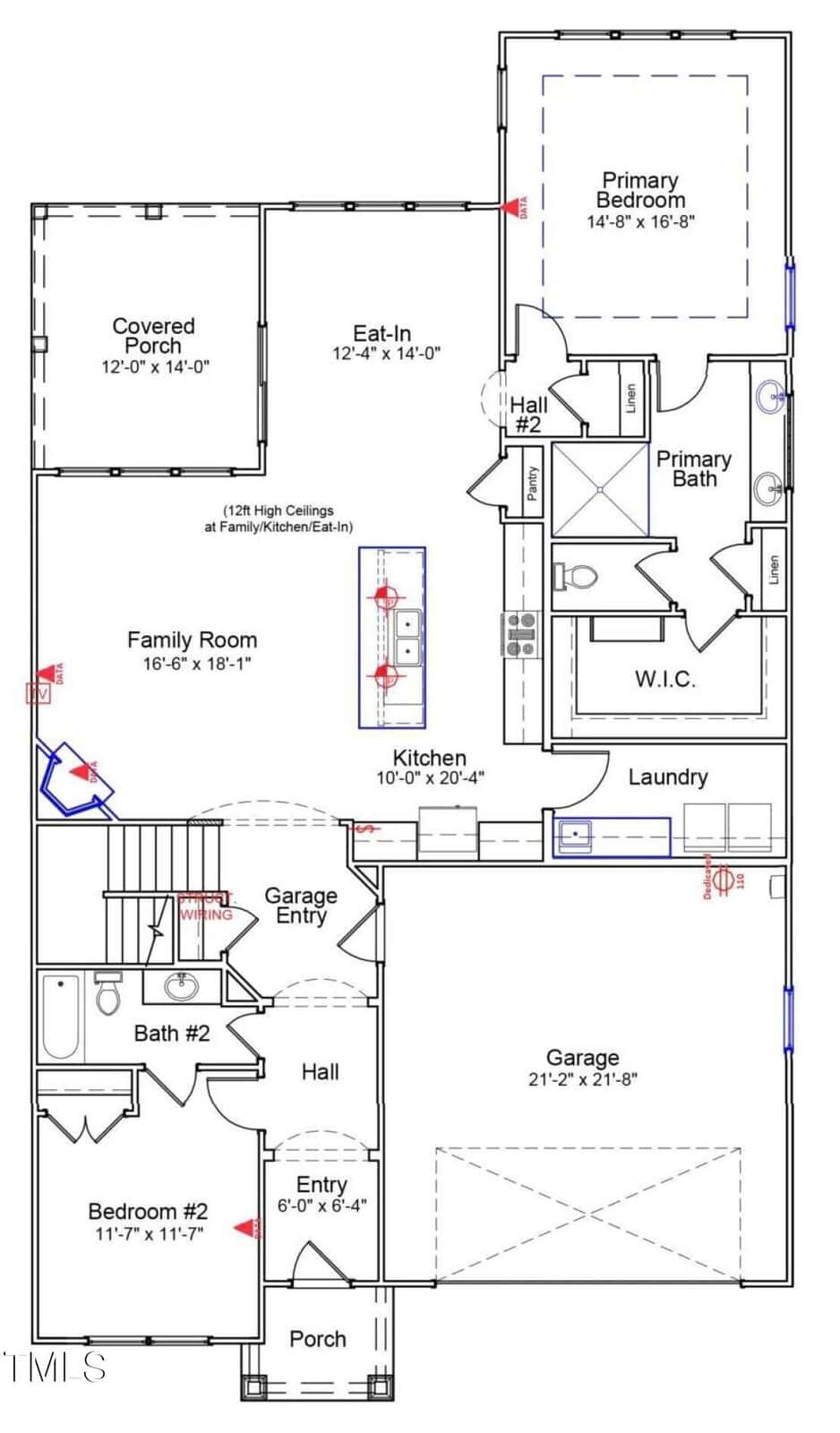 Black and white floor plan of a one-story house featuring two bedrooms, two baths, a family room, kitchen, laundry room, covered porch, and a two-car garage. Various rooms and measurements are labeled throughout the layout.