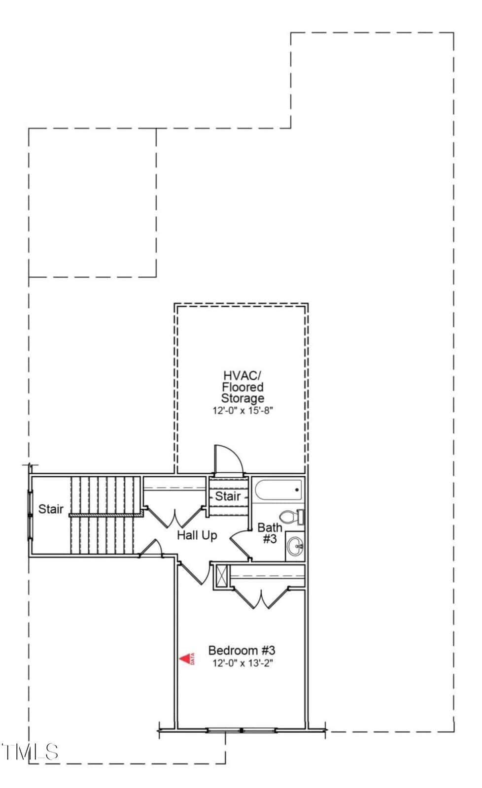 Black and white floor plan shows a second story with a bedroom, bathroom, hall, stairs, and an HVAC/floored storage area. Room dimensions and labels are included; dashed lines indicate areas below or open spaces.