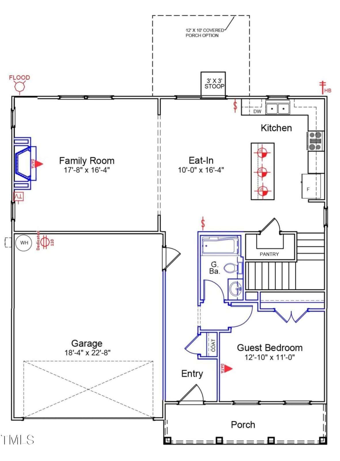 First floor plan with a garage, family room, eat-in kitchen, guest bedroom, bath, pantry, stairs, entryway, front porch, rear stoop, and laundry area. Measurements for each space are included.