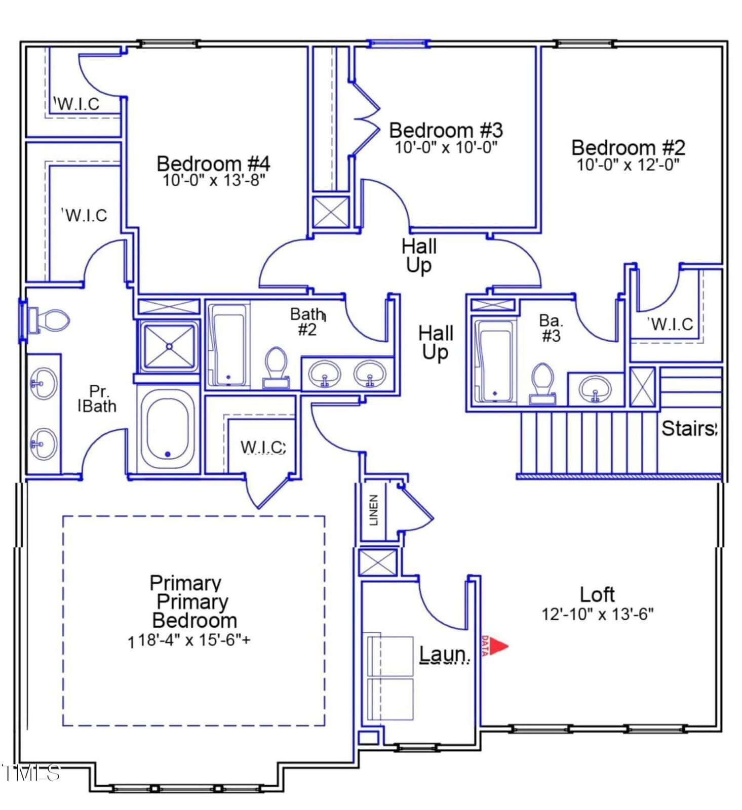 Second-floor house plan with four bedrooms, three bathrooms, two walk-in closets, a primary bedroom with ensuite, a loft, two hallways, stairs, and a laundry room marked with a red arrow.