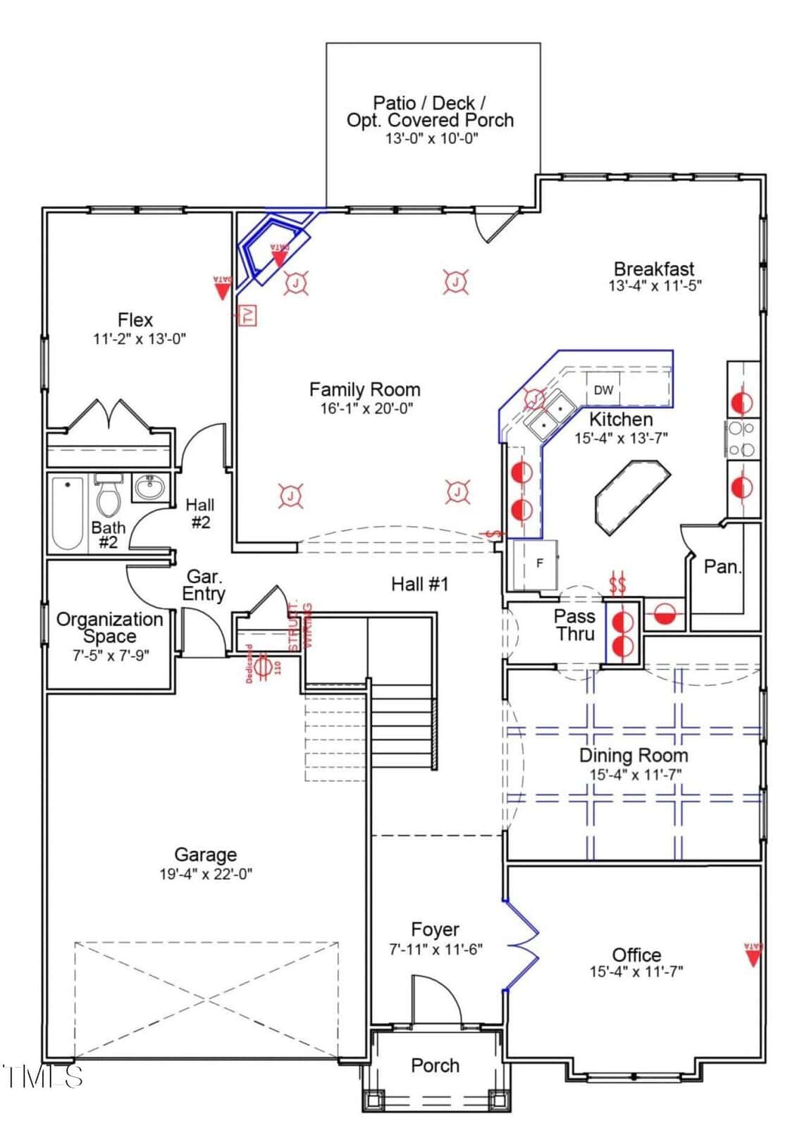 Floor plan of a house showing rooms including foyer, office, dining room, kitchen, pantry, family room, flex room, two bathrooms, garage, organization space, and outdoor patio, with labeled doors, windows, and symbols.