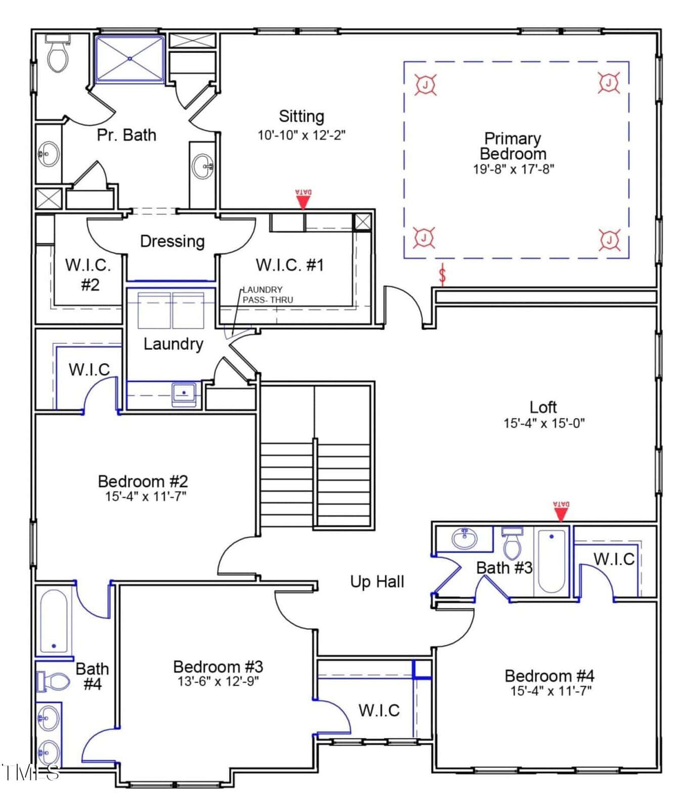 Floor plan of a house’s upper level showing four bedrooms, three bathrooms, a sitting room, laundry area, loft, and multiple walk-in closets. The primary bedroom is the largest, located on the right side of the plan.