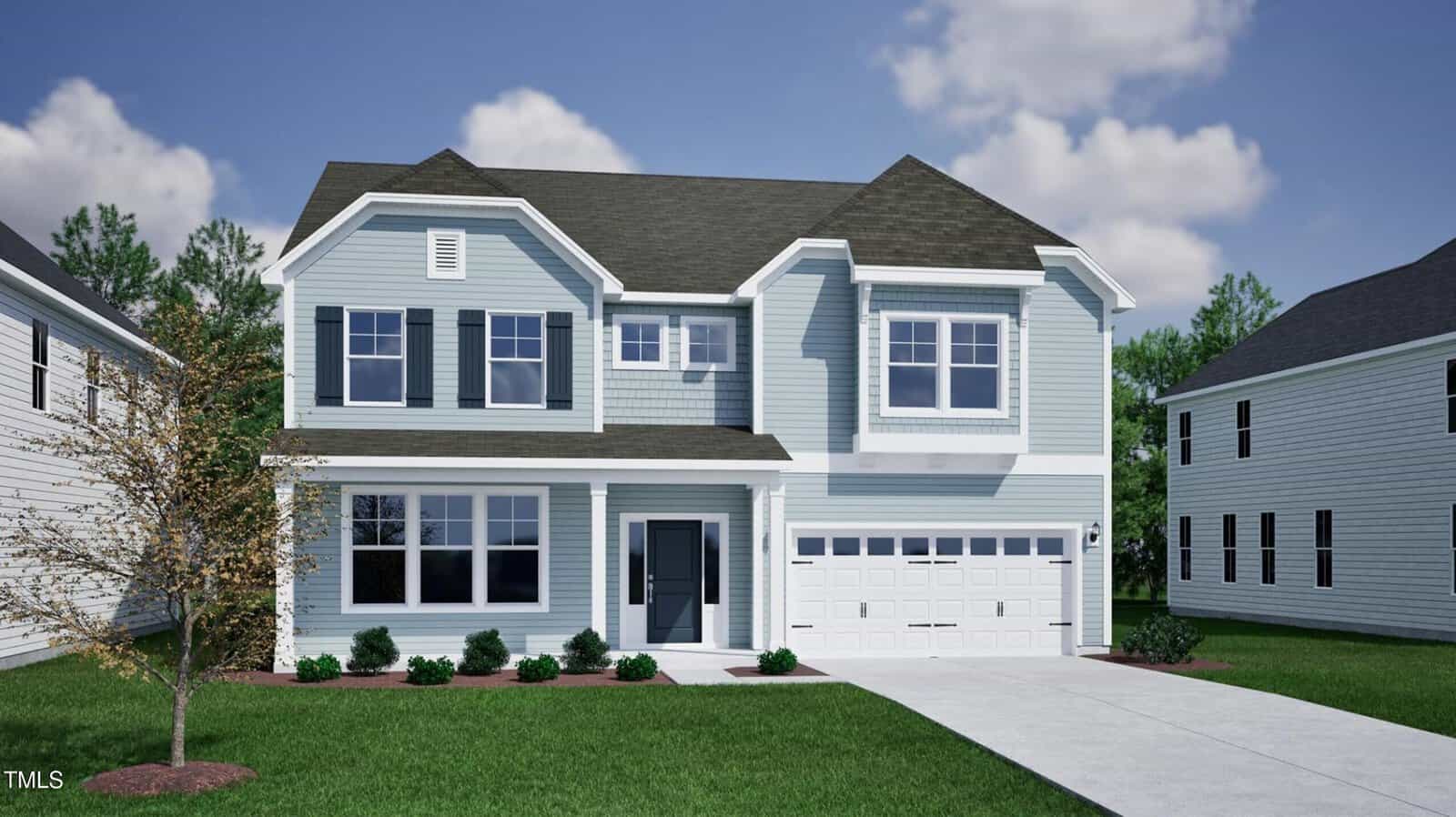 Two-story light blue house with white trim, black roof, attached two-car garage, multiple windows, a small front porch, green grass lawn, a young tree, and shrub landscaping. The sky is partly cloudy.