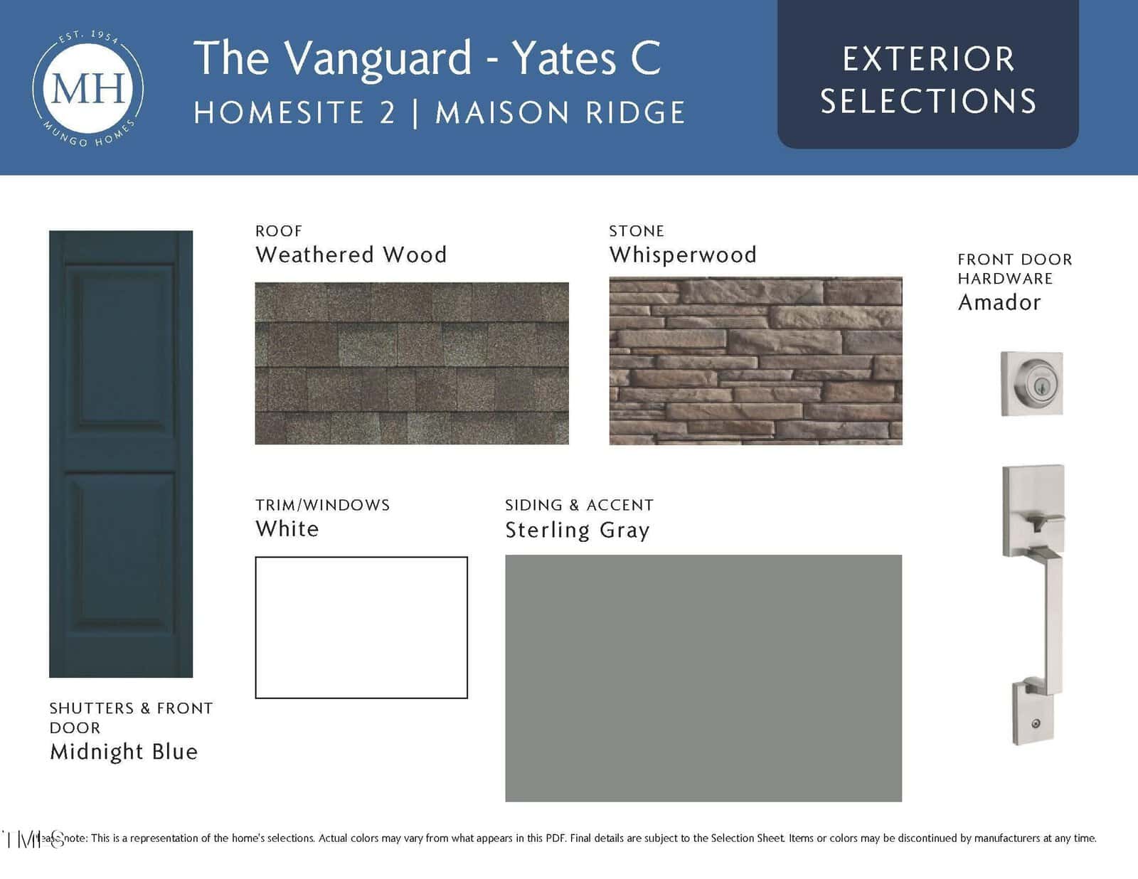 Exterior selections for a home: dark blue door, white trim/windows, gray siding, stone wall section, weathered wood roof, and silver door hardware set named Amador. Text labels describe each feature.
