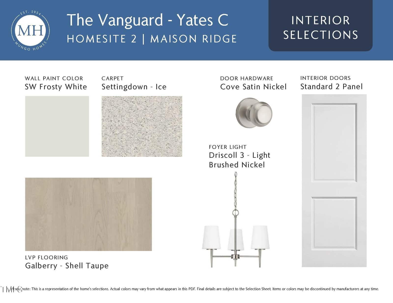Interior selections board with paint, flooring, countertop, door hardware, and light fixture samples: SW Frosty White paint, Settingdown-Ice quartz, Galberry-Shell Taupe flooring, and a three-light brushed nickel chandelier.