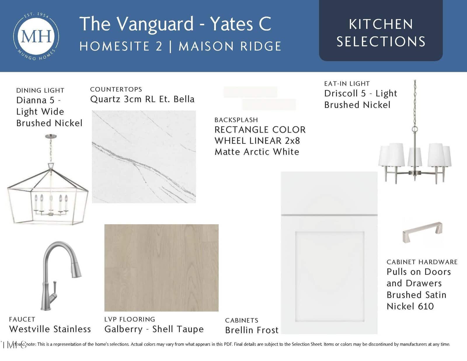 Kitchen selections board for The Vanguard-Yates C home, featuring lighting, quartz countertop, marble tile backsplash, stainless faucet, taupe vinyl plank flooring, white cabinets, and brushed nickel cabinet hardware.