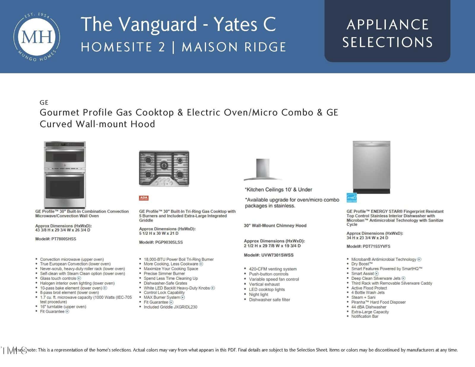 A selection sheet for The Vanguard - Yates C at Maison Ridge, listing GE kitchen appliances: a stainless steel gas cooktop, electric oven/microwave combo, a curved wall-mount hood, and a dishwasher, with brief features and model numbers.