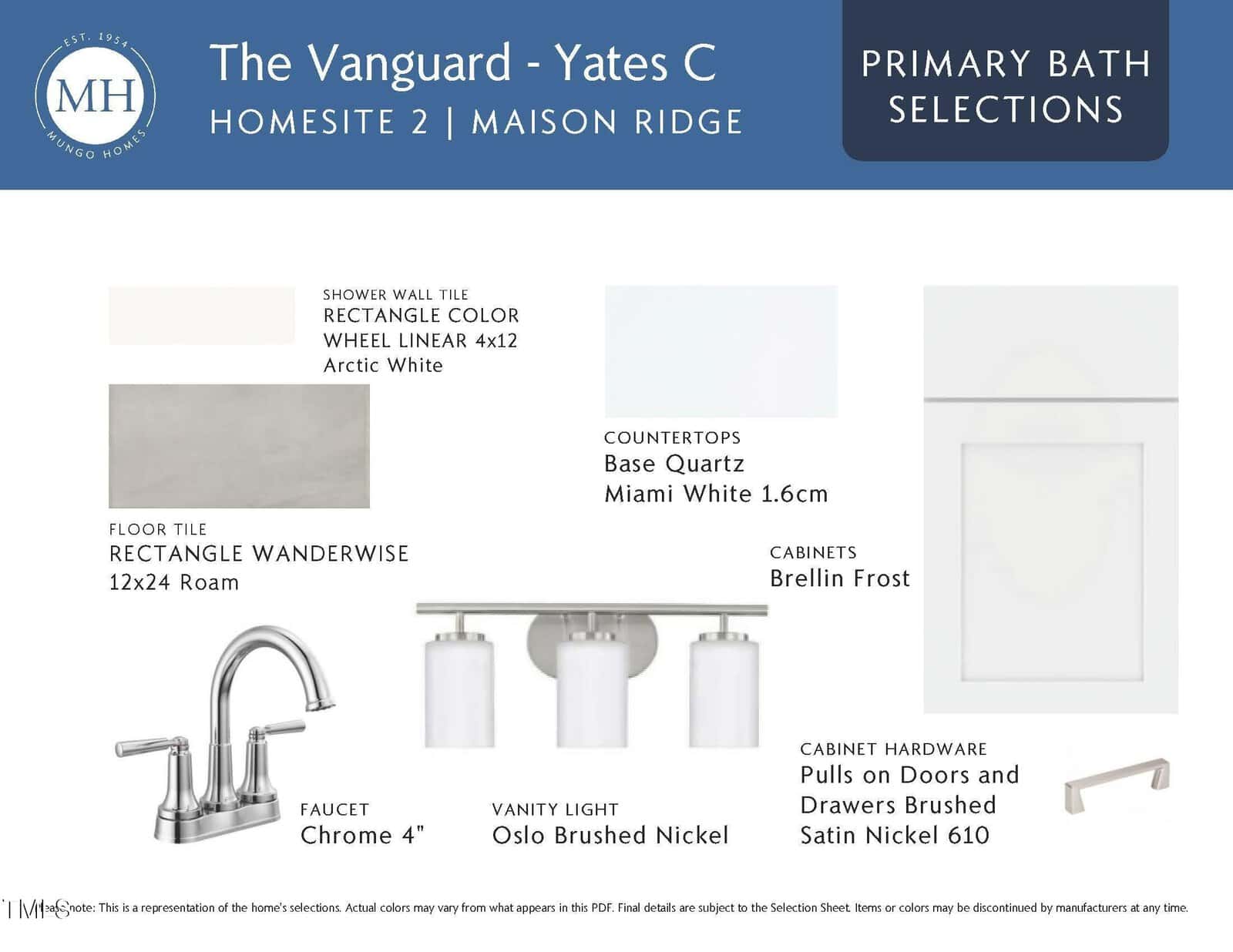 A bathroom design board shows selections: Arctic White shower wall tile, Wanderwise floor tile, Miami White quartz countertop, Brellin Frost cabinet, chrome faucet, brushed nickel vanity light, and brushed nickel hardware.