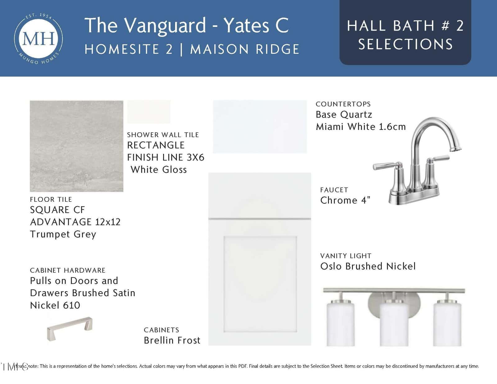 A bathroom selection board showing finishes: white 3x6 subway wall tile, grey 12x12 floor tile, white vanity, brushed nickel hardware, white quartz countertop, chrome faucet, and Brellin Frost cabinets.