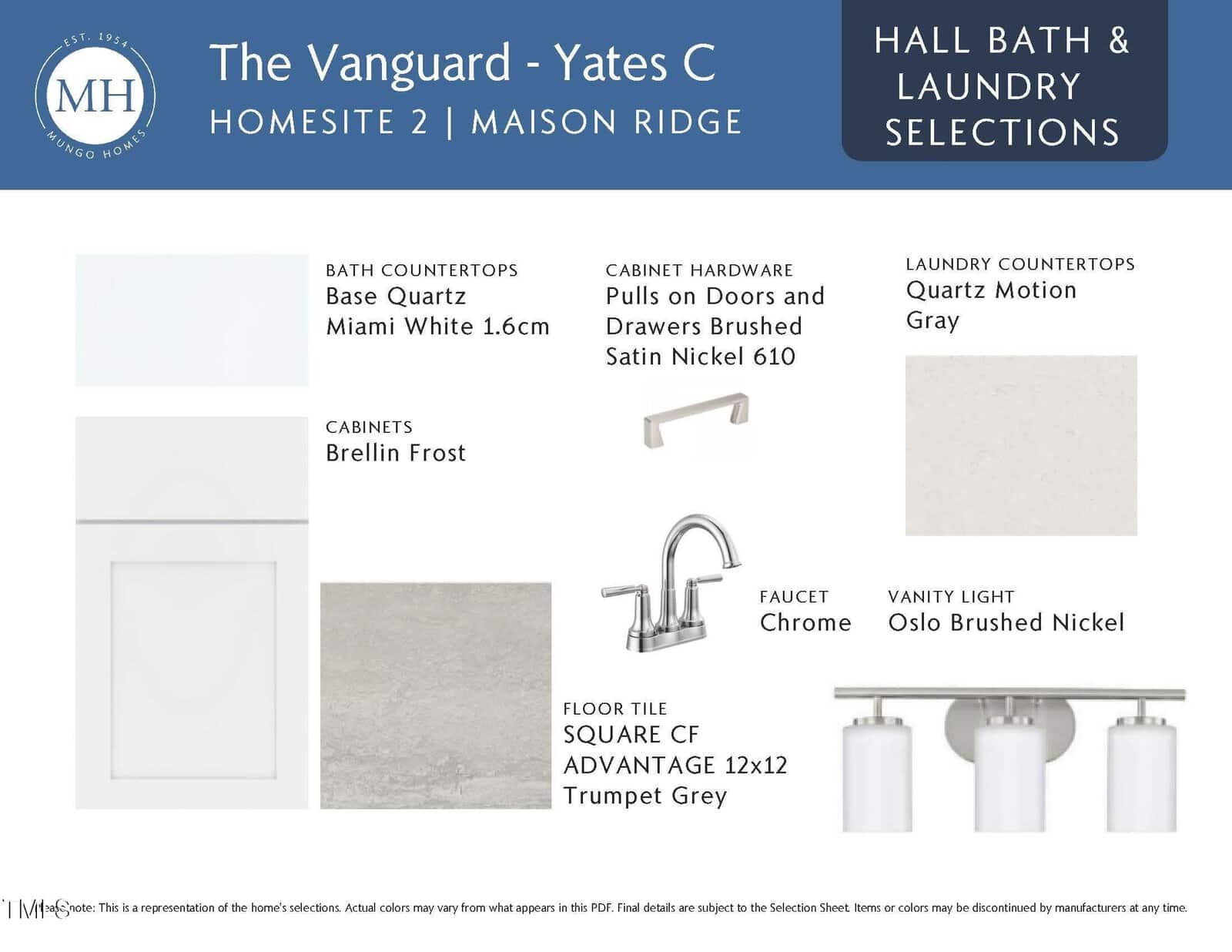 A design board showing finishes for a hall bath and laundry, including samples for quartz countertop, gray cabinet, chrome faucet, brushed nickel vanity light, hardware, white floor tile, and Brellin Frost cabinet.
