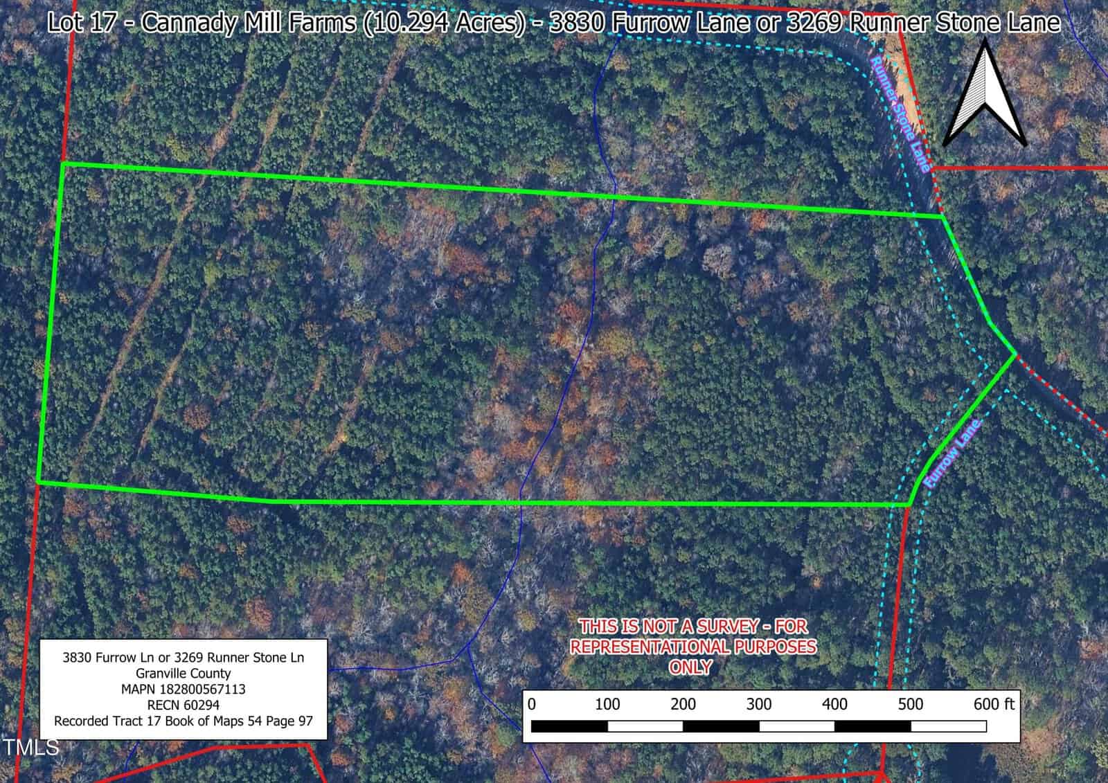 Aerial map showing Lot 17, Cannady Mill Farms in Franklinton, outlined in green. The wooded 10.294-acre property near 3830 Furrow Lane includes a small road on the right, with text annotations and a survey accuracy disclaimer.