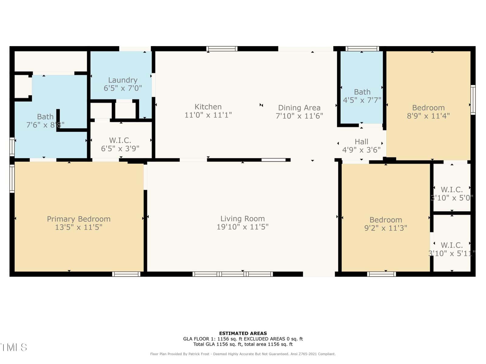 A floor plan of a home showing a primary bedroom, two other bedrooms, kitchen, dining area, living room, two bathrooms, laundry room, and walk-in closets, with dimensions labeled for each room.