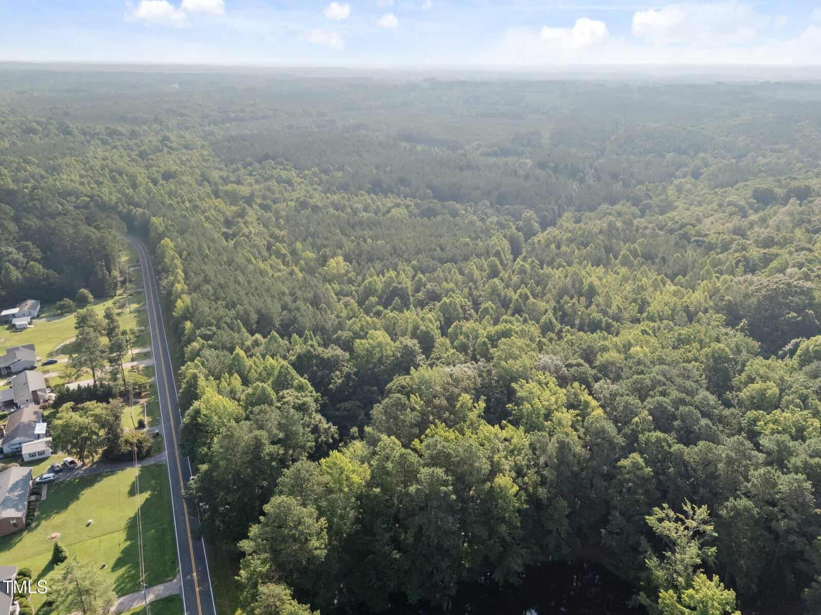 Aerial view of a two-lane road running alongside a dense forest. Residential houses are visible on the left, while trees extend across the rest of the landscape under a partly cloudy sky.