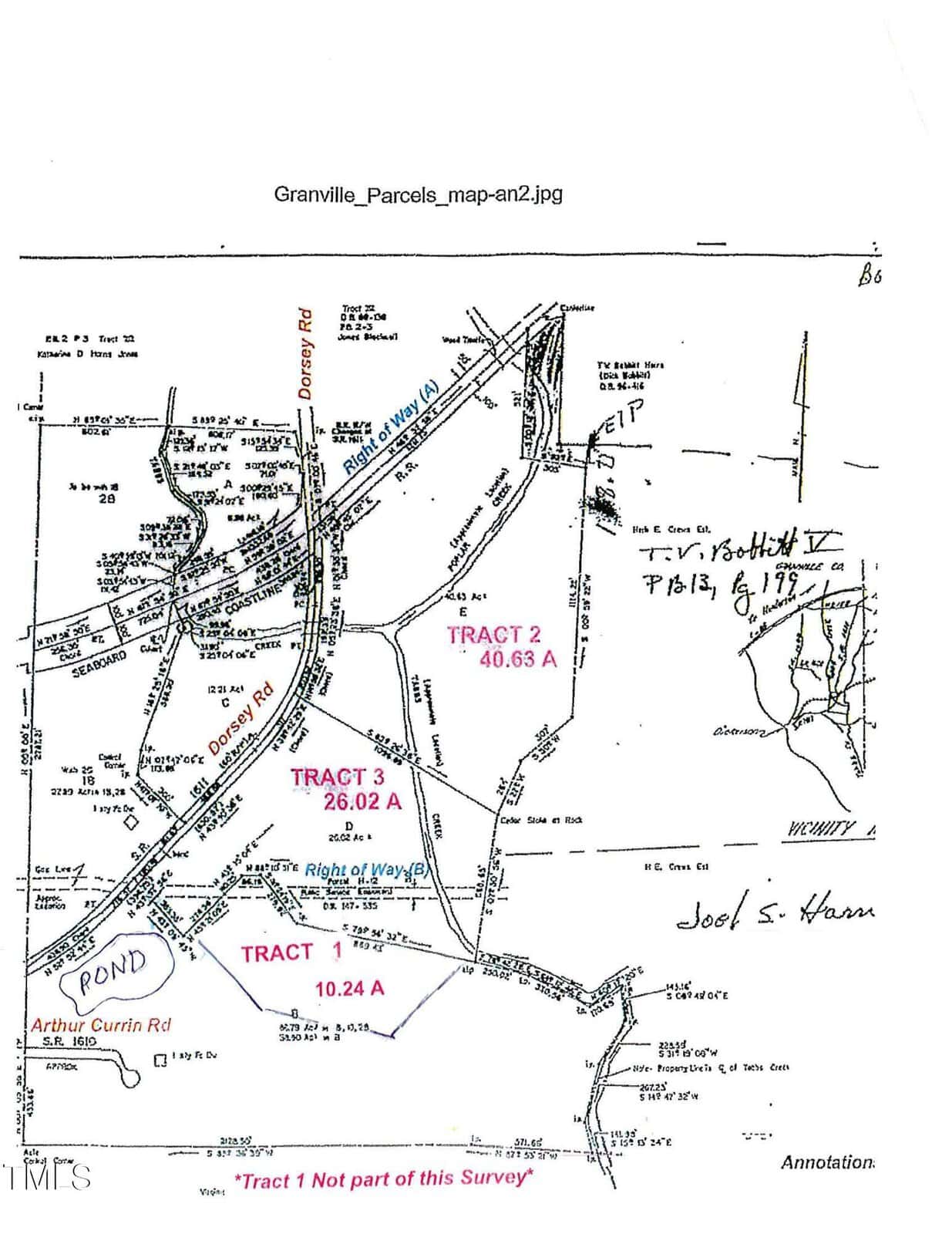 Survey map of land parcels labeled Tract 1 (10.24 acres), Tract 2 (40.63 acres), and Tract 3 (26.02 acres); includes property lines, roads, a pond, right of way, and handwritten notes.