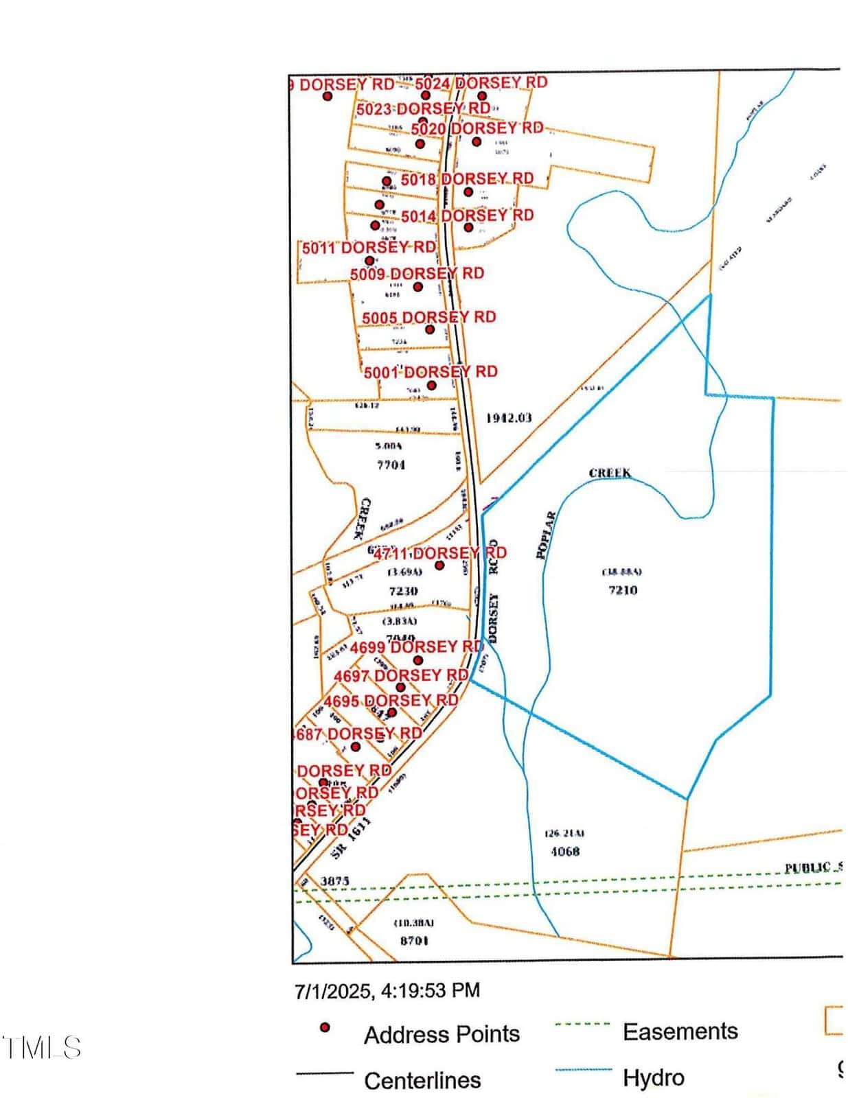 A map showing Dorsey Road and 4710 Dorsey Road with property address points marked in red, easements in orange, hydro features like a creek in blue, and street centerlines in black. Section includes surrounding Oxford land parcels and a timestamp at bottom.