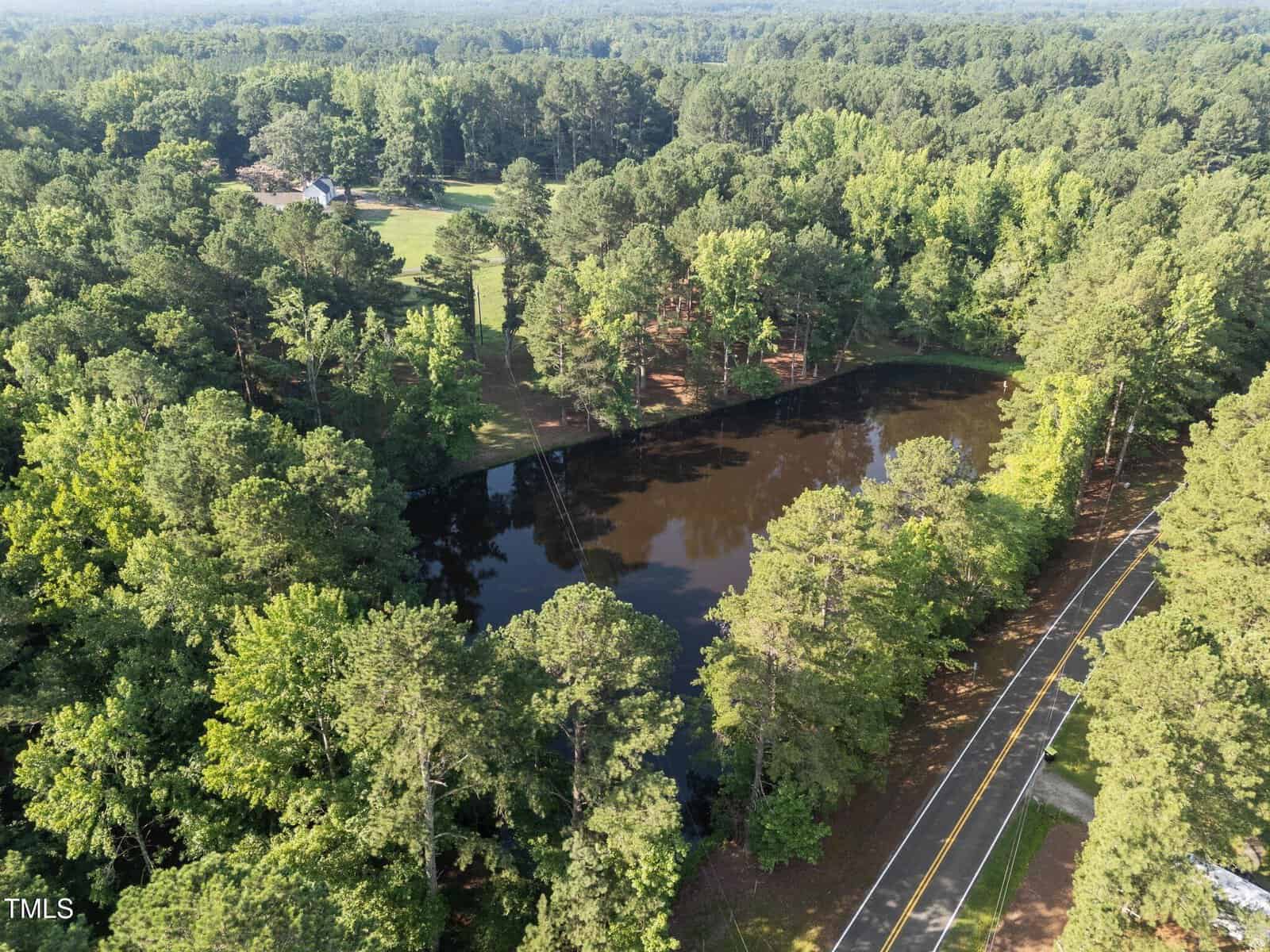 A small pond surrounded by dense trees is shown near a two-lane road. In the background, a grassy area with a house and more forested land are visible under a clear sky.