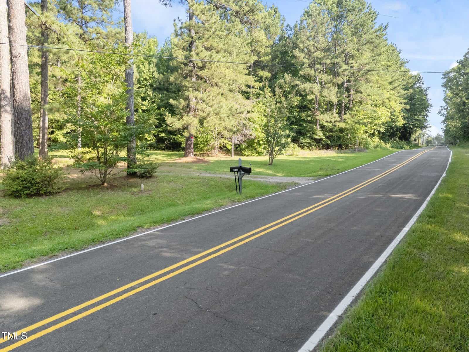 A two-lane road with double yellow lines runs beside a grassy area with trees and a black mailbox. The scene is bordered by dense woods under a clear sky.
