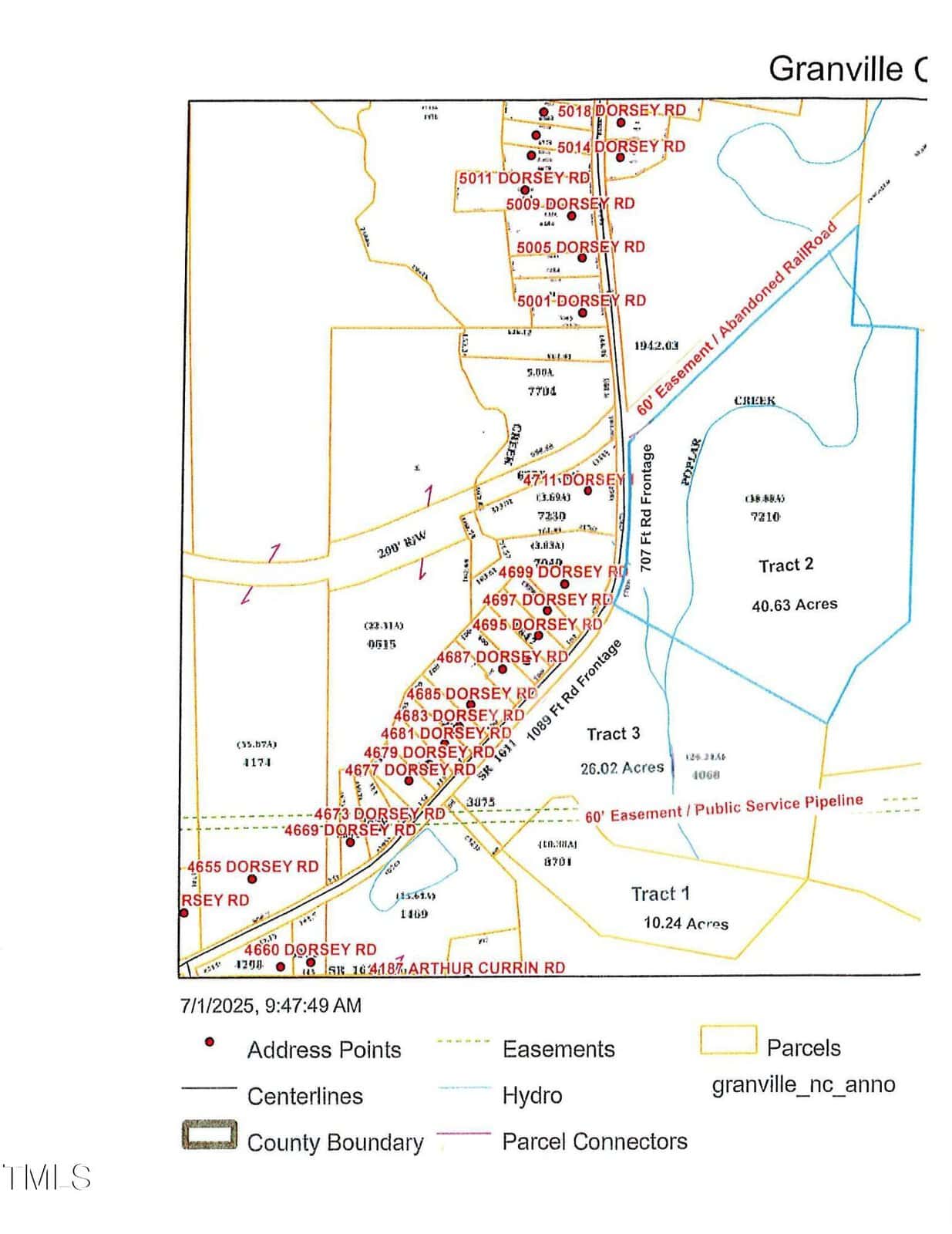 A map showing parcels along Dorsey Road and Arthur Currin Road with labeled address points, tract boundaries, easements, hydro features, county boundary, and parcel connectors. Tracts 1, 2, and 3 are highlighted.