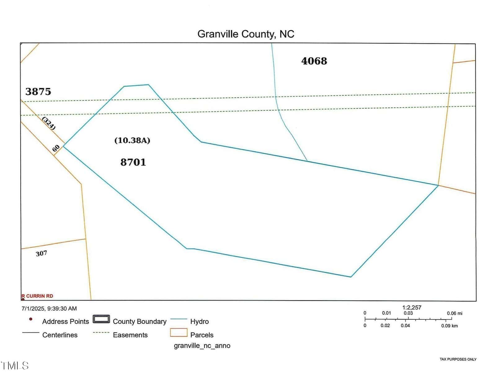 Map of a parcel in Granville County, NC, outlined in blue and labeled 8701 (10.38A), with neighboring parcels 3875 and 4068 labeled; roads, boundaries, and a legend are also shown.