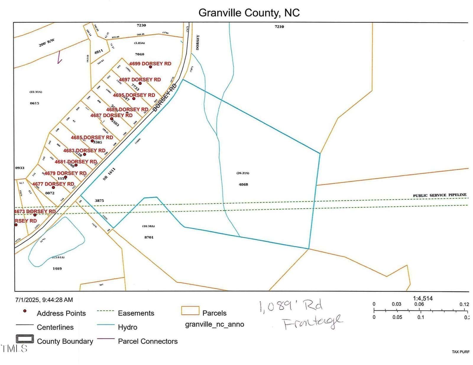A map of Granville County, NC, showing parcels along Dorsey Road, address points, county boundaries, hydrography lines, easements, and parcel connectors. Handwritten text reads "1,089' Rd Frontage.