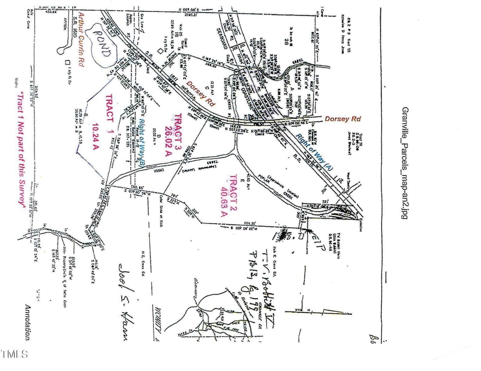 A black and white survey map showing property boundaries near Oxford, including Tract 2A 60.82 acres, roads like 4688 Dorsey Road, a pond, and handwritten notes. North is indicated at the top; surveyor information appears in lower left.