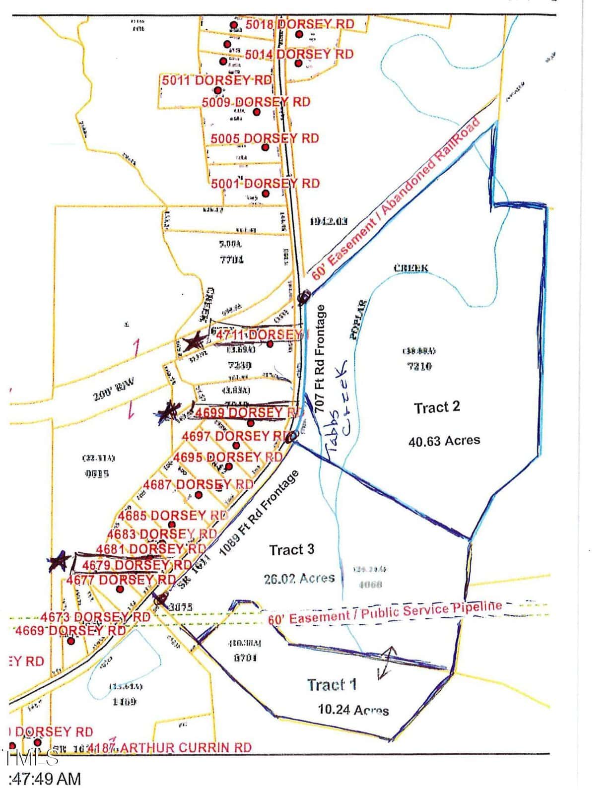 A color-coded map shows land plots along Dorsey Road in Oxford, with parcels like 4688 Dorsey Road labeled by address numbers. Property boundaries, tract numbers, a creek, easements, and a railway are marked with various colored lines.