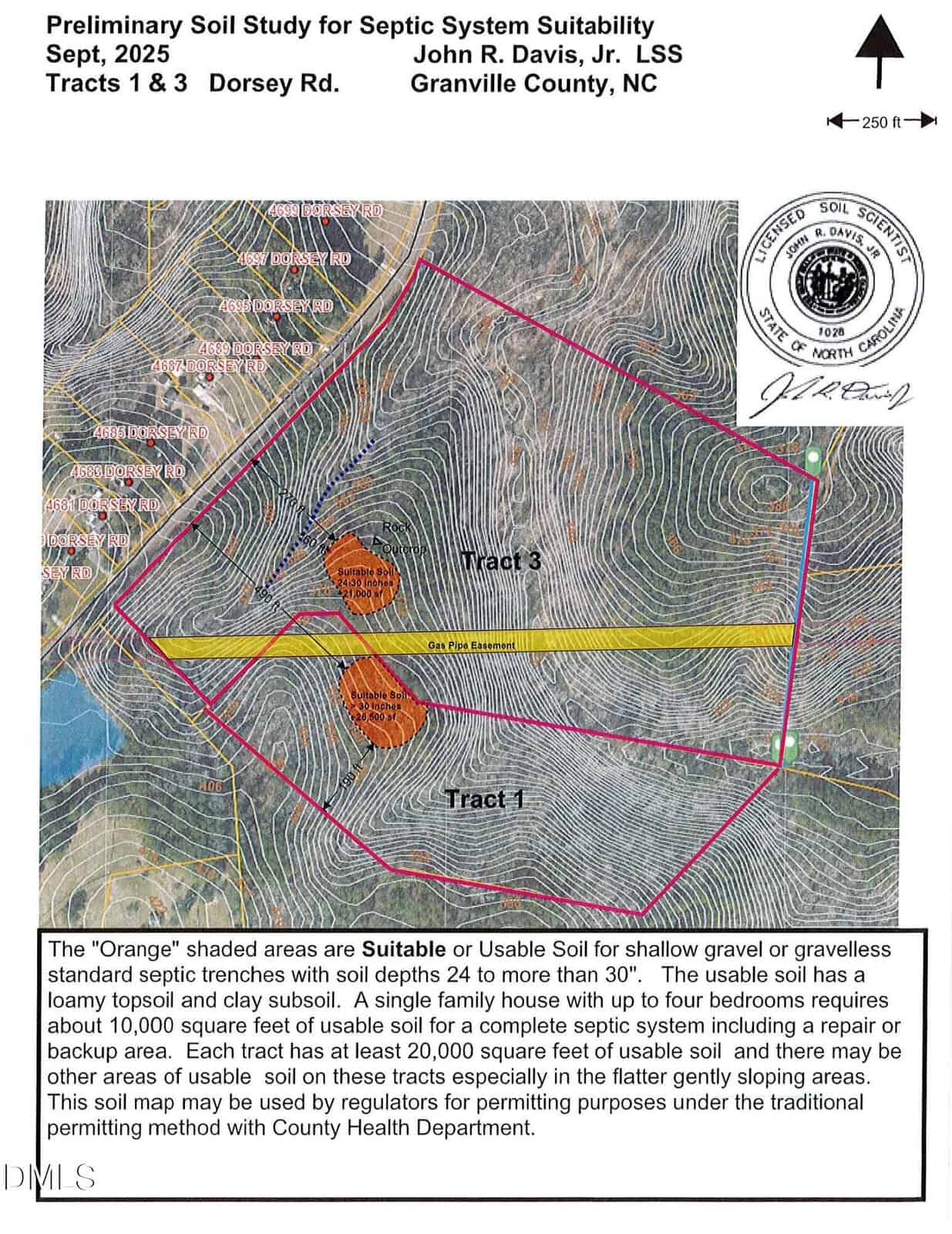 A soil study map shows two tracts of land outlined in red, with orange-shaded areas marked as suitable for septic systems. The map includes contour lines, a north arrow, and explanatory notes in the top and bottom sections.