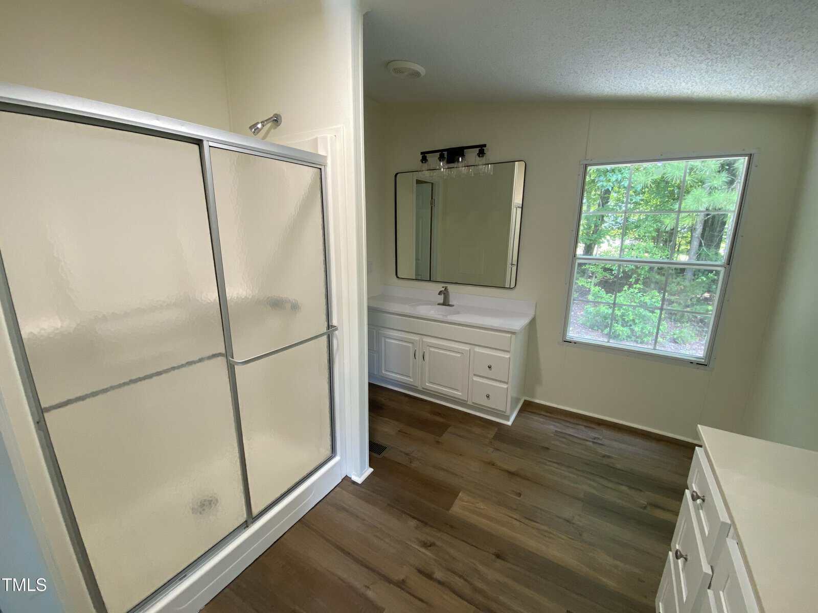 A bathroom with a glass shower, white vanity with a sink, large mirror, wood-look flooring, and a window showing green trees outside.