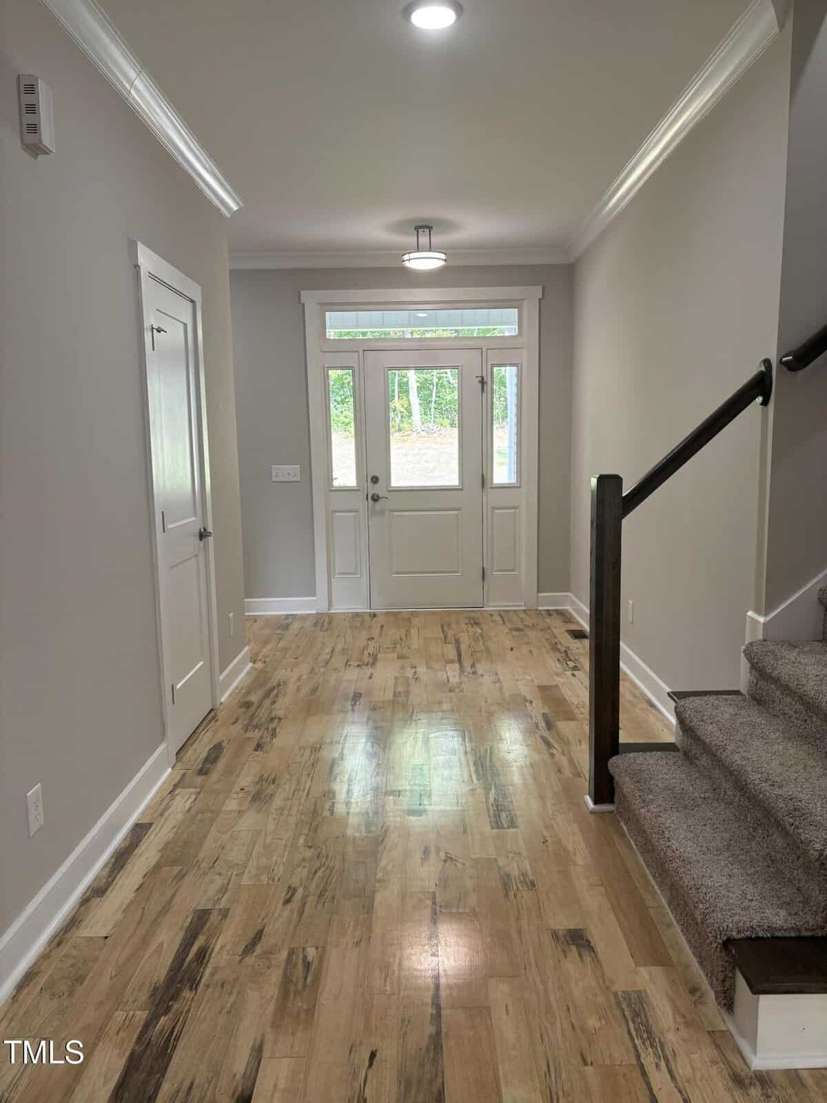 A hallway with light wood floors, beige walls, and white trim. A white front door with glass panels is at the end. Carpeted stairs with a dark handrail are on the right, and a closed door is on the left wall.