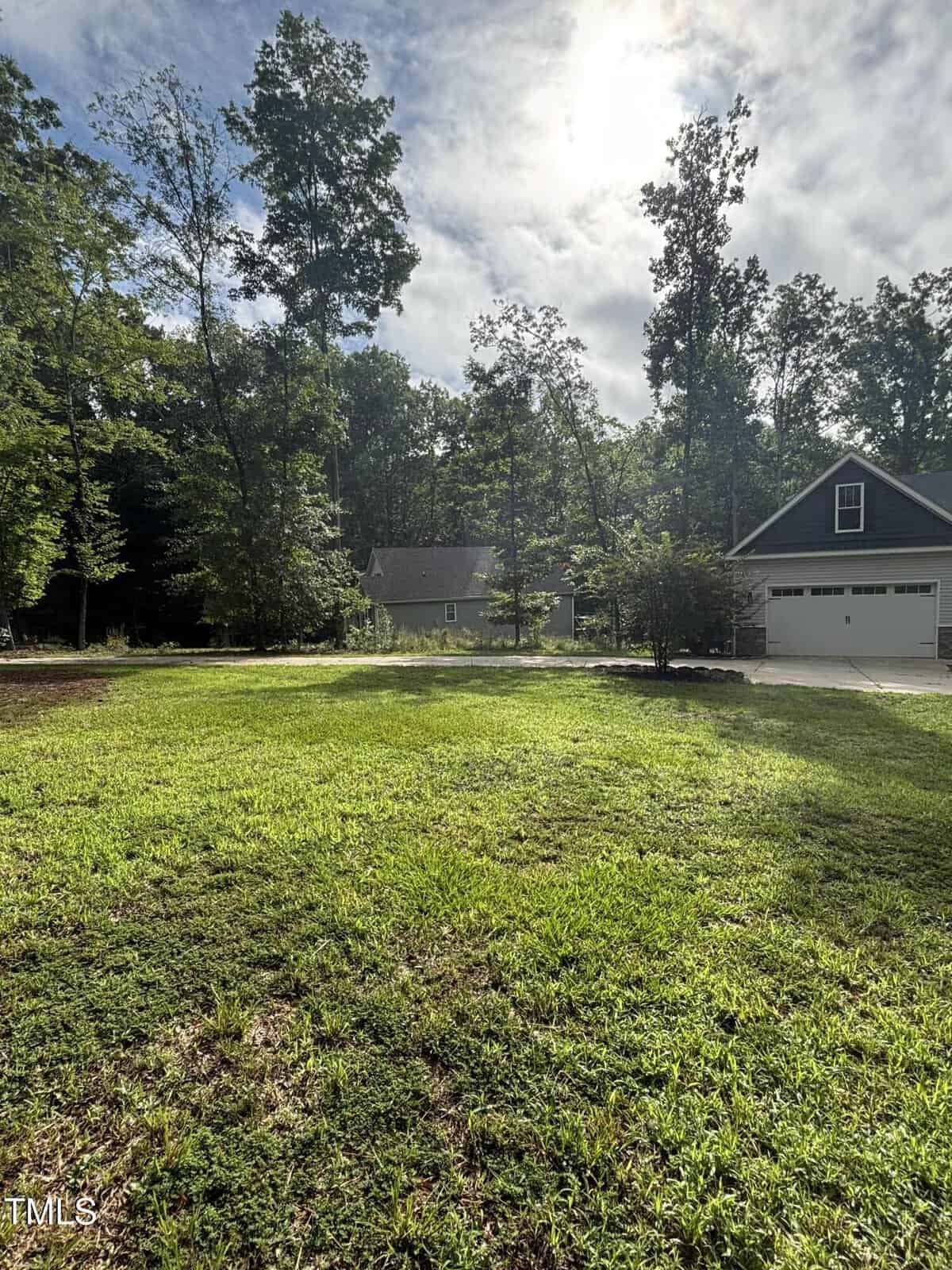 A grassy yard with scattered trees, sunlight shining through the clouds, and two gray houses partially visible in the background; one with a white garage door on the right.