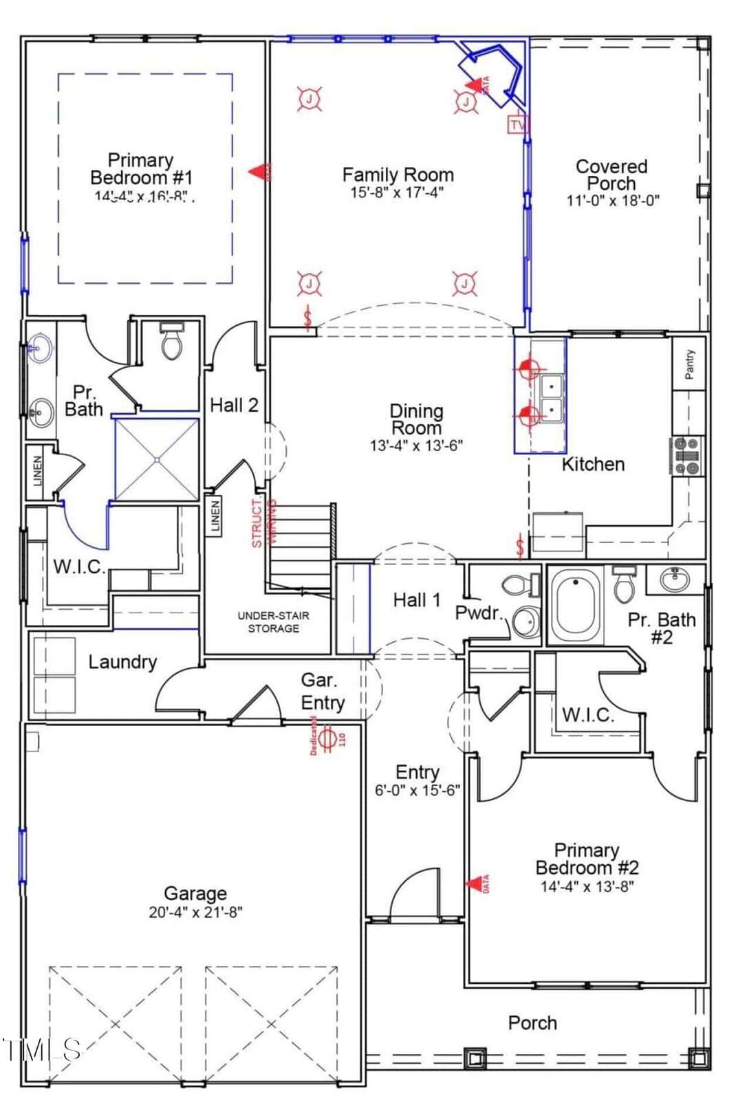 First floor house plan showing garage, laundry, two bedrooms with baths and walk-in closets, family room, dining area, kitchen, two porches, and entryways, with labeled doors, windows, and stairs.