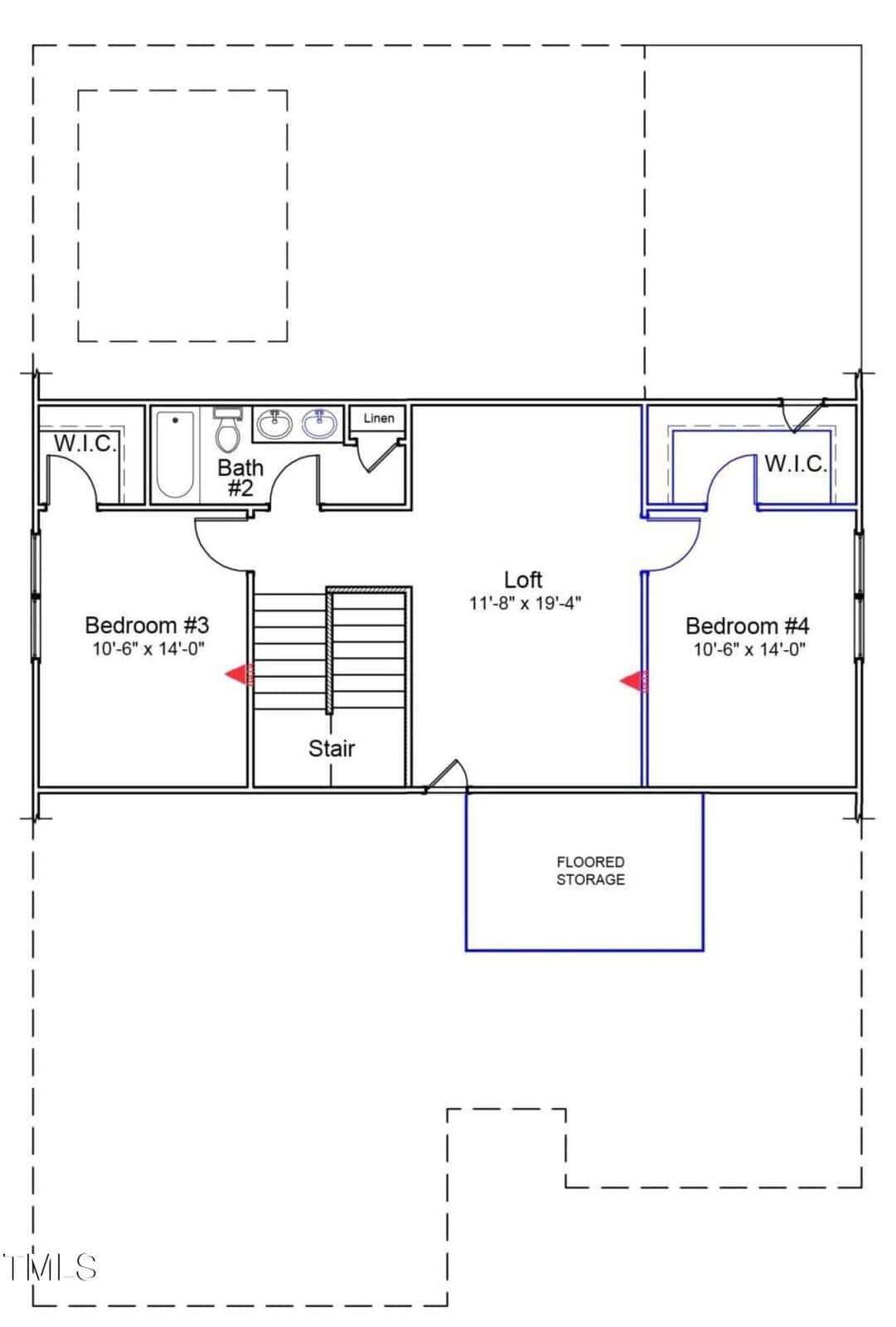 Second floor plan showing two bedrooms, each with a walk-in closet, a shared bathroom, a linen closet, a loft area in the center, stairs, and a section labeled floored storage. Dotted lines indicate the outline of the floor below.