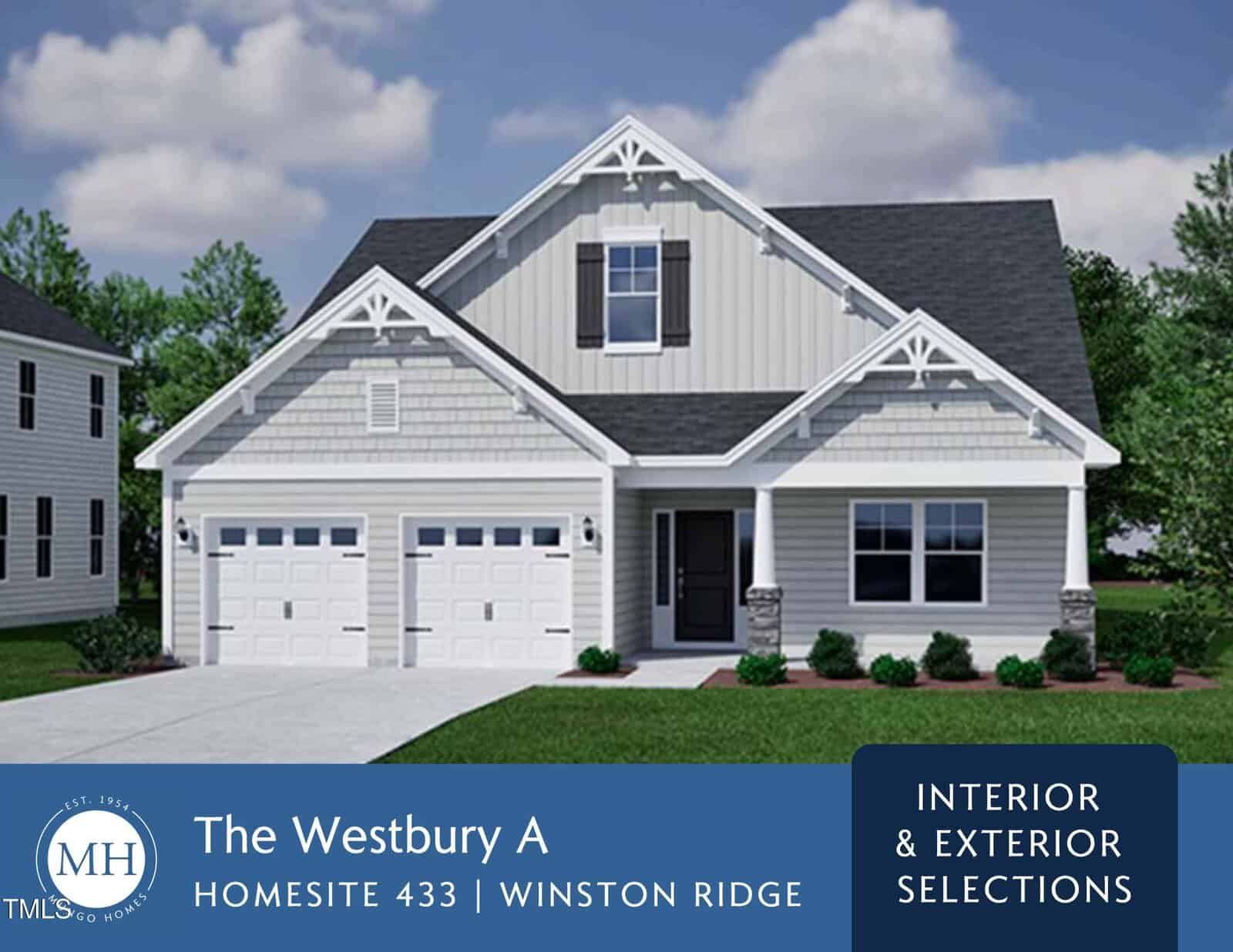 A two-story house with gray siding, white trim, and a double garage. The yard has green grass and small shrubs. The sky is partly cloudy. Text at the bottom includes “The Westbury A” and details about the homesite.