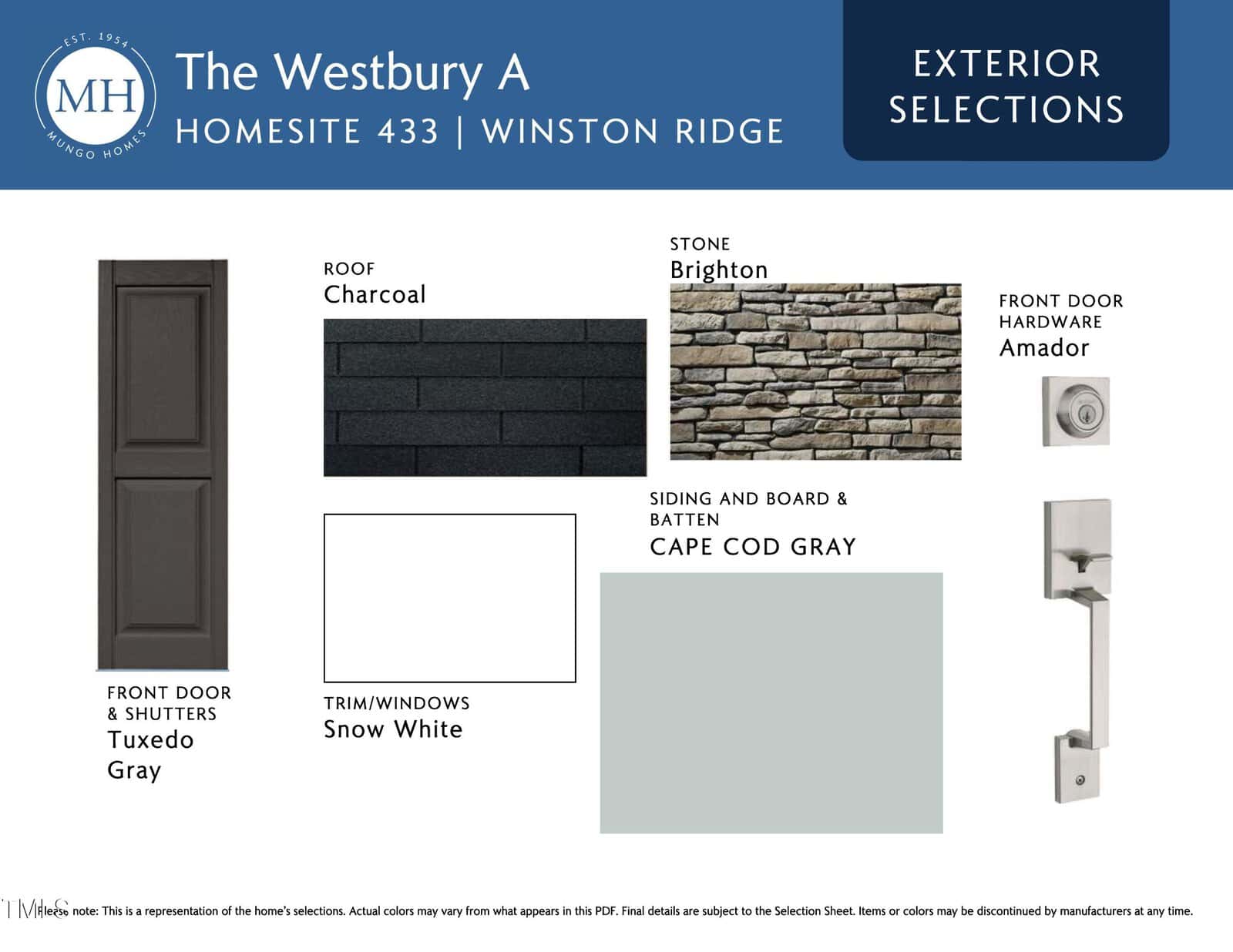 A sample board shows exterior selections: charcoal roof, Brighton stone, Tuxedo Gray front door and shutters, Amador front door hardware, Cape Cod Gray siding, and Snow White trim and windows.