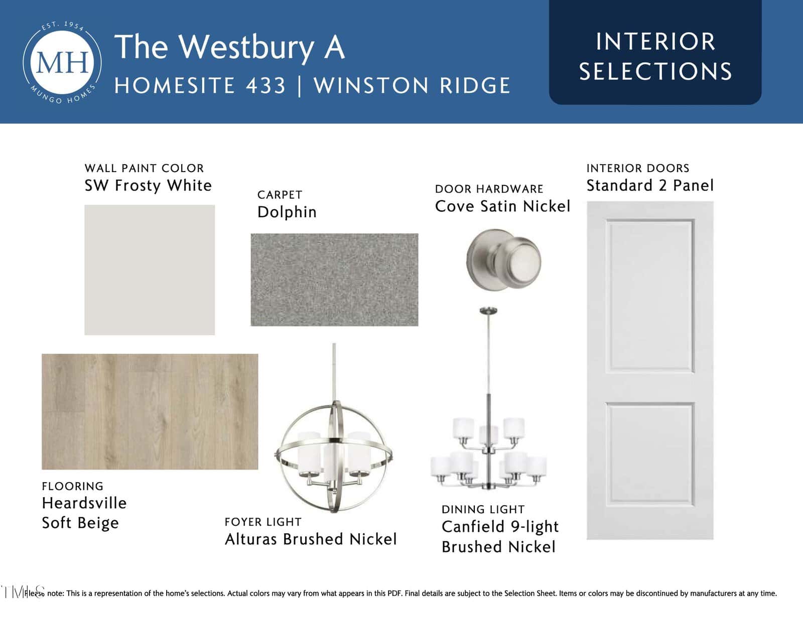 Interior selections for The Westbury A, including SW Frosty White wall paint, Dolphin carpet, Cove Satin Nickel door hardware, Standard 2 Panel doors, Headsrville Soft Beige flooring, and brushed nickel light fixtures.