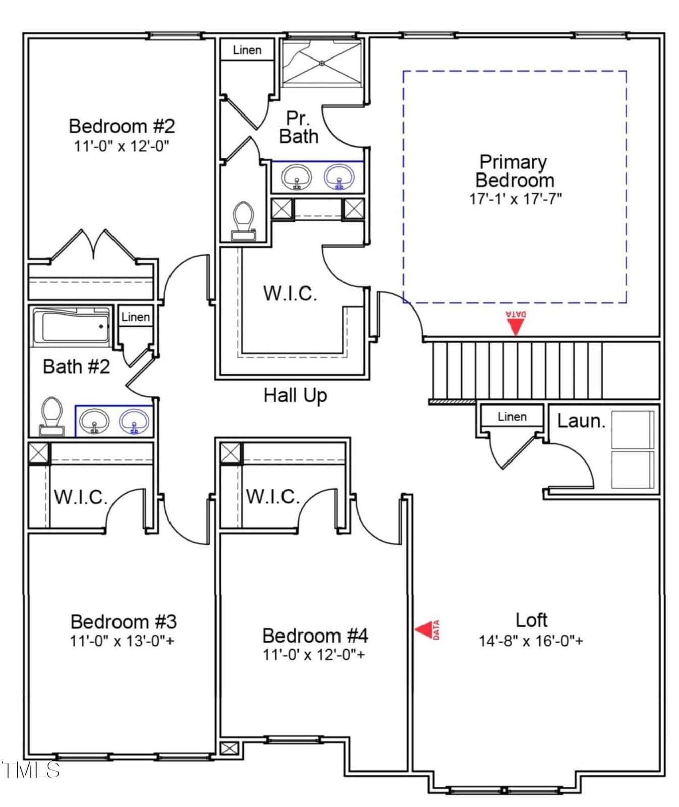 Second floor house plan showing four bedrooms, including a large primary bedroom with walk-in closets, two bathrooms, a loft, laundry area, and multiple linen closets. All rooms and hallways are labeled with dimensions.