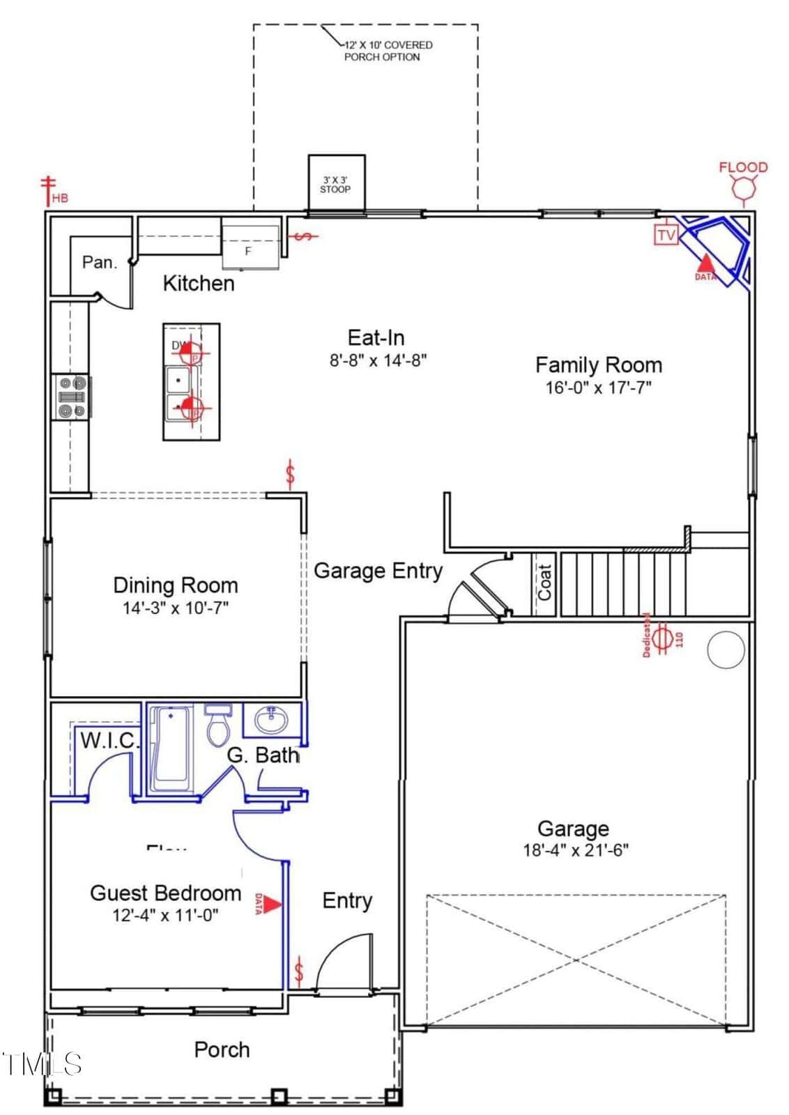 Floor plan of a house's first level featuring a porch, entry, guest bedroom with bath, dining room, kitchen with pantry, eat-in area, family room, garage entry, and staircase. Rooms and doorways are labeled.