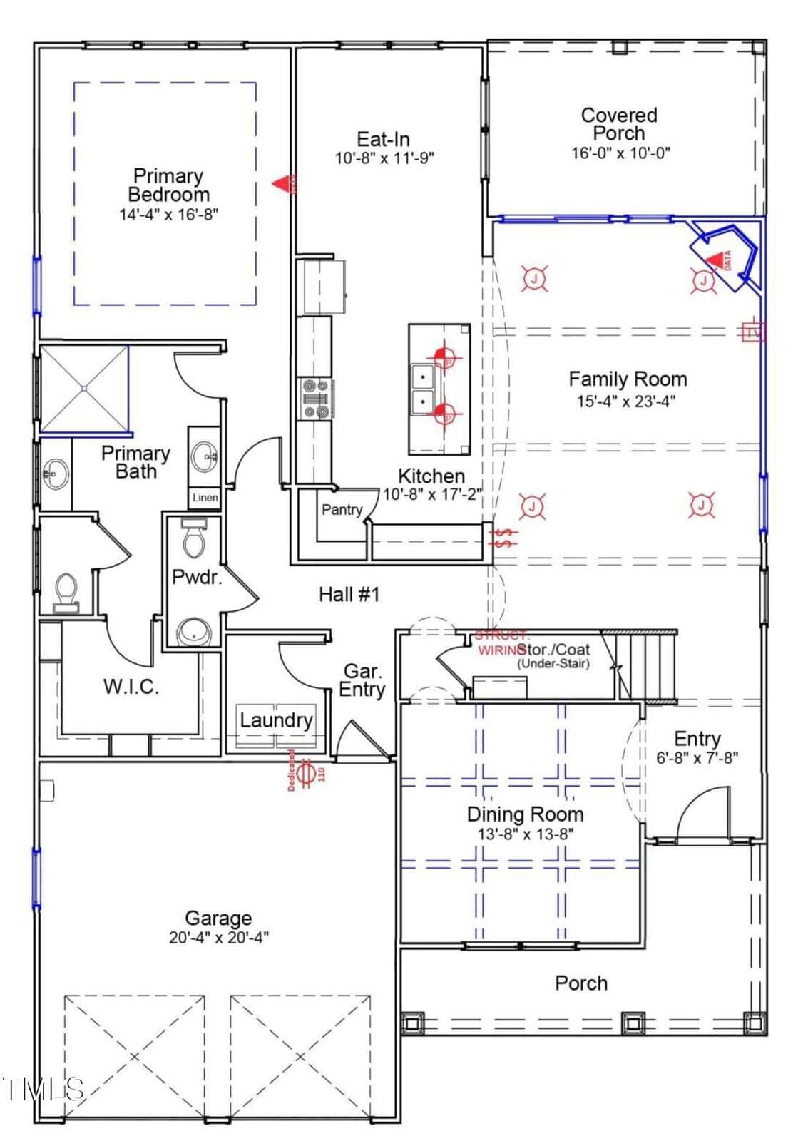 Floor plan shows garage, entry, dining room, kitchen, pantry, eat-in area, family room, covered porch, powder room, laundry, primary bedroom with en suite bath and walk-in closet. Stairs near entry lead to upper floor.