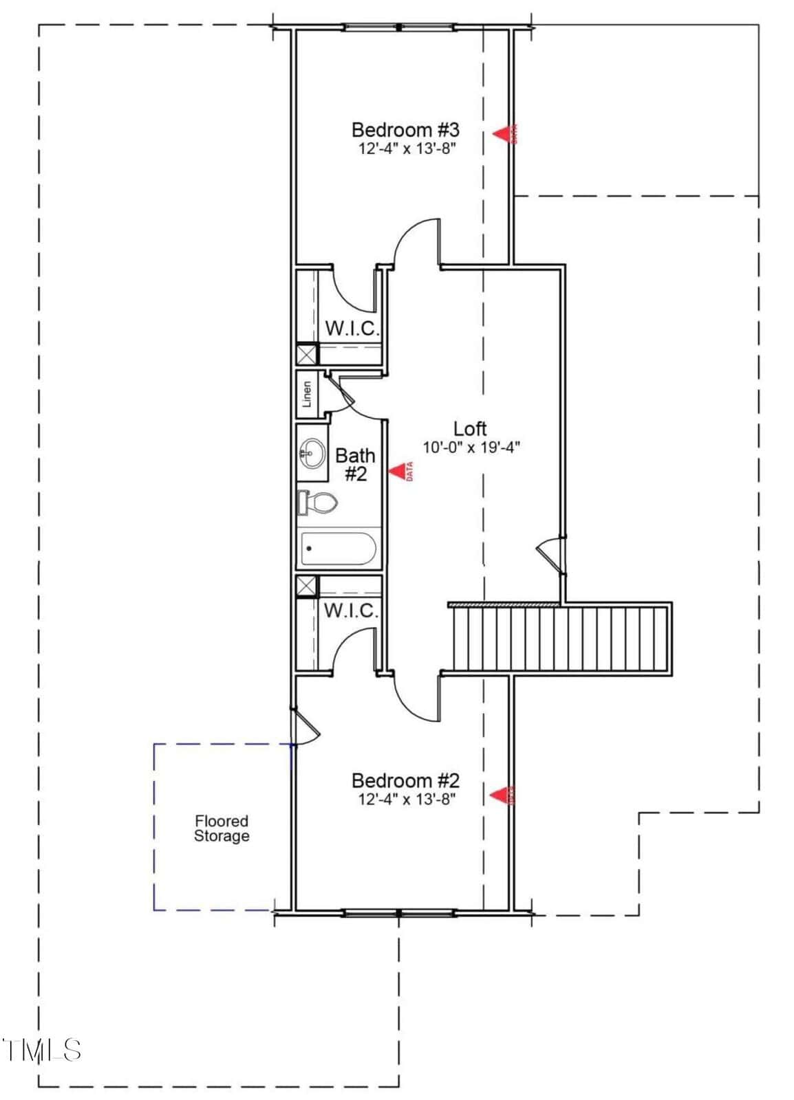 Second floor plan with two bedrooms, two walk-in closets, a bathroom, a loft area, stairs, and a labeled floored storage space. Entrances to bedrooms and bathroom are marked with red arrows.