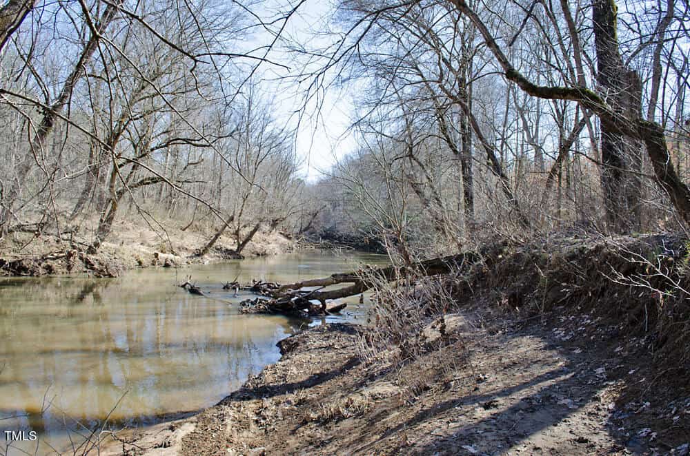 A calm, shallow river curves through a forest of leafless trees near 001 Green Hill Road, Franklinton. The ground is covered in dry leaves and branches, and sunlight filters through the bare branches, casting shadows on the riverbank.