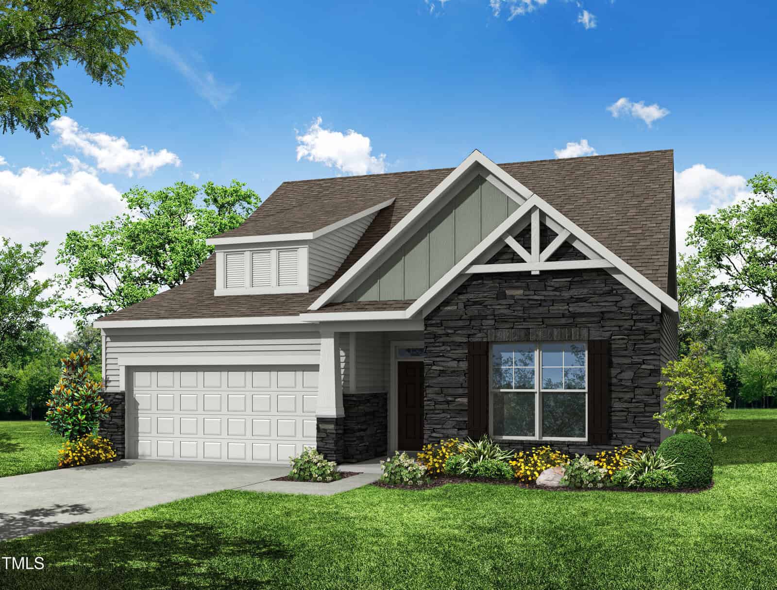 A modern one-story house with a gable roof, white siding, and dark stone facade. Features a two-car garage, a front door with a window, and landscaped yard with green grass and shrubs. Blue sky with scattered clouds in background.