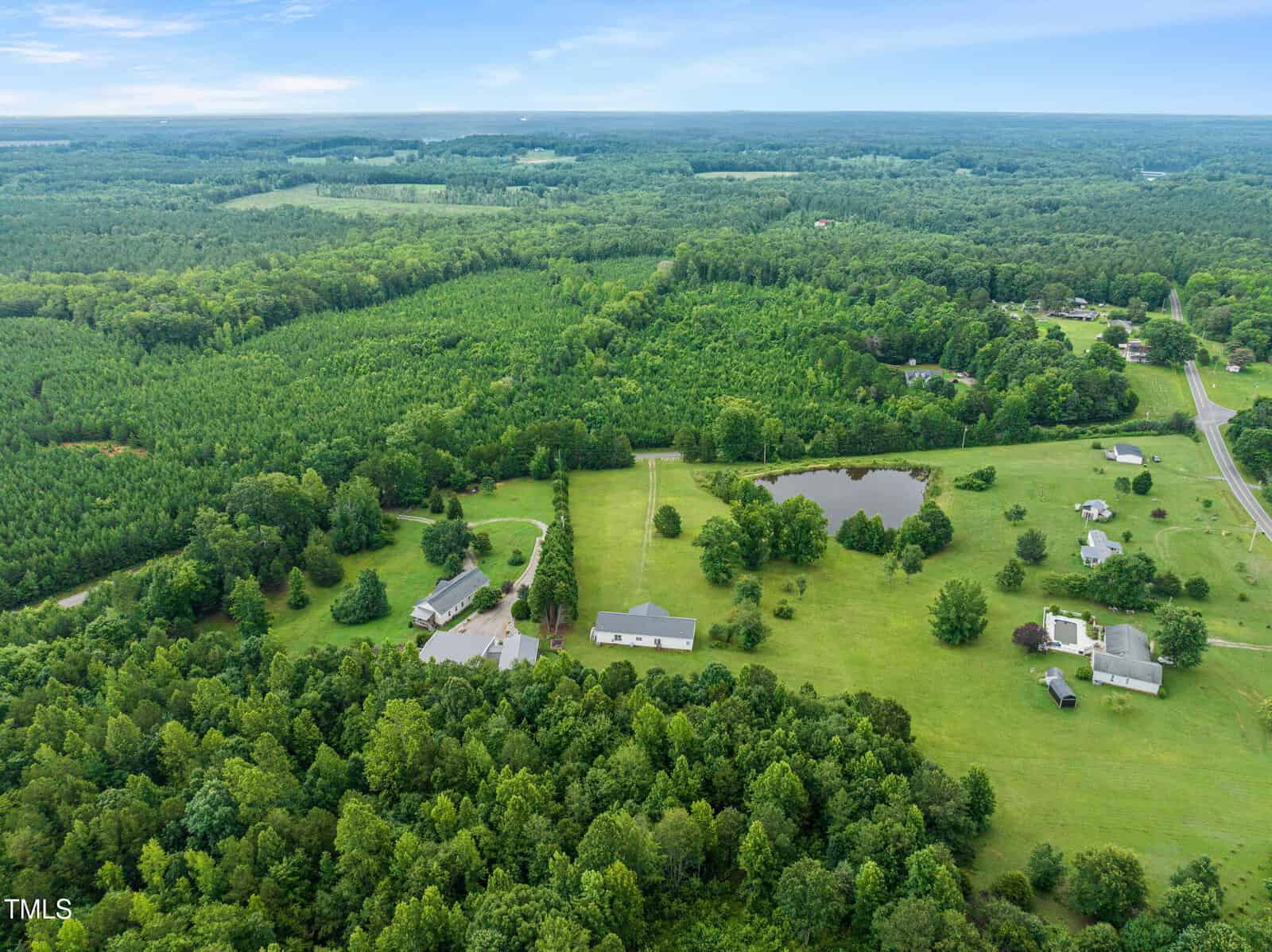 Aerial view of a rural landscape with several houses, a large pond, open grassy fields, and dense forests. A road runs along the right side, and the horizon is filled with green tree cover under a blue sky.