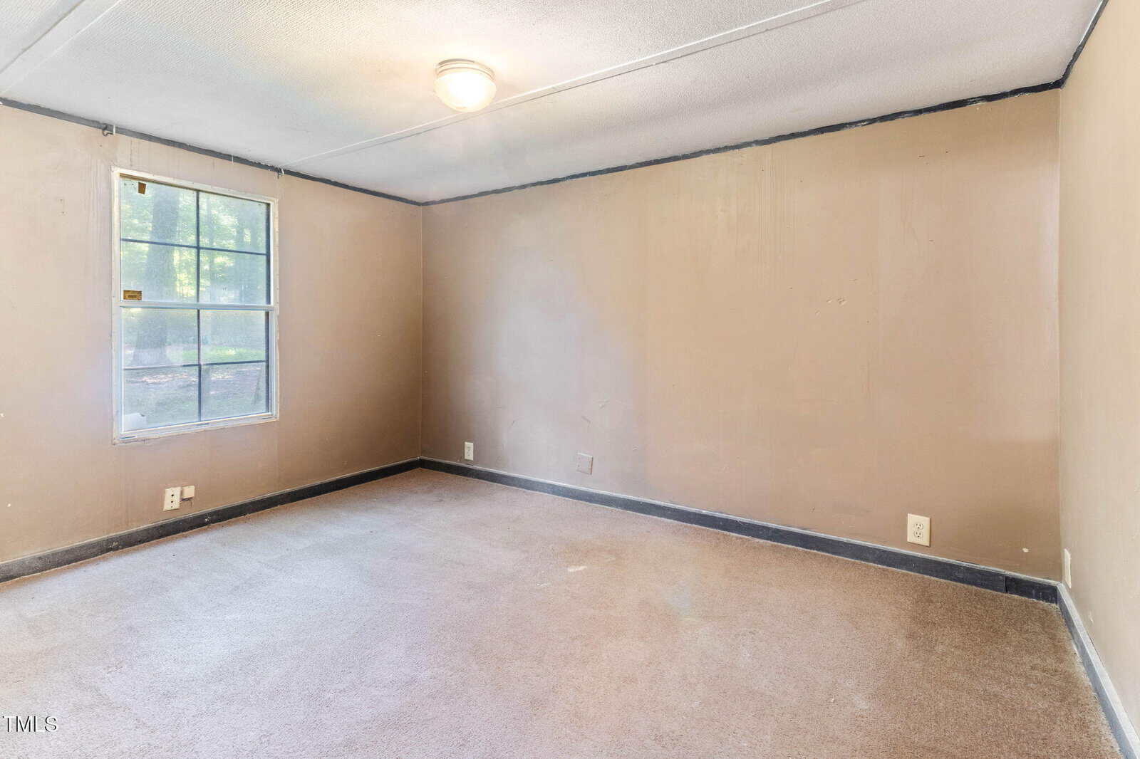 An empty room with beige walls, beige carpeting, a window with sunlight coming through, a ceiling light, and black trim along the baseboards and ceiling. Electrical outlets are visible on the walls.