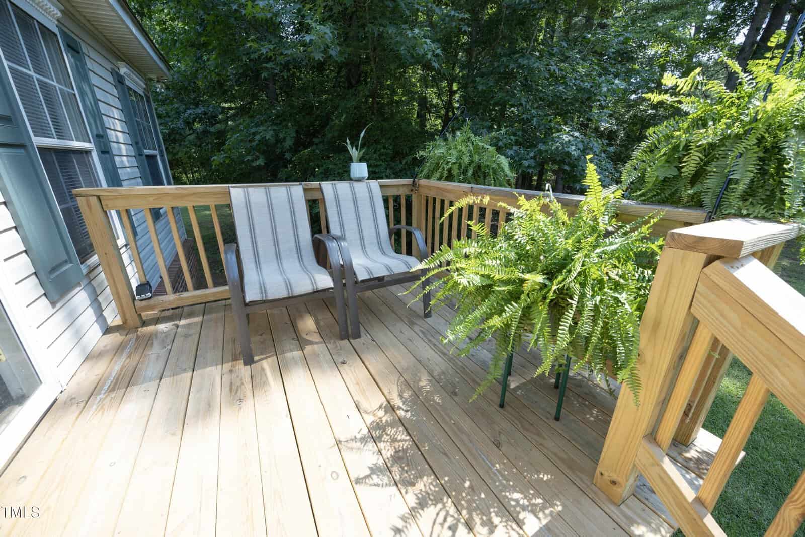 Two striped patio chairs sit on a wooden deck next to a small table with a potted plant, surrounded by lush green ferns and trees in the background.